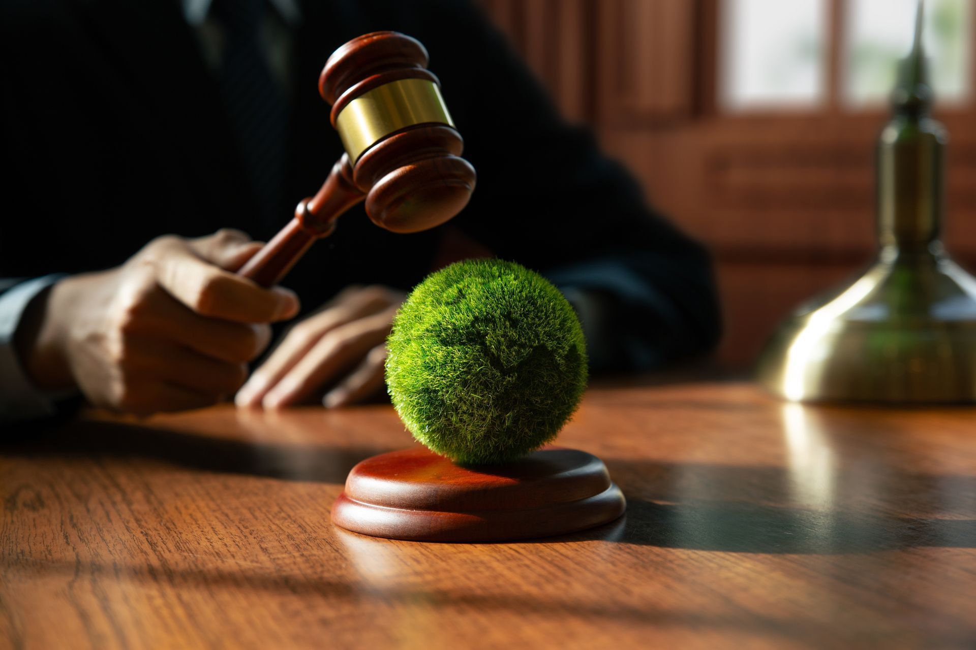 Der Hammer eines Richters trifft im Begriff, auf eine grüne, moosbedeckte Kugel auf einem Holztisch zu schlagen; steht für Umweltrecht.