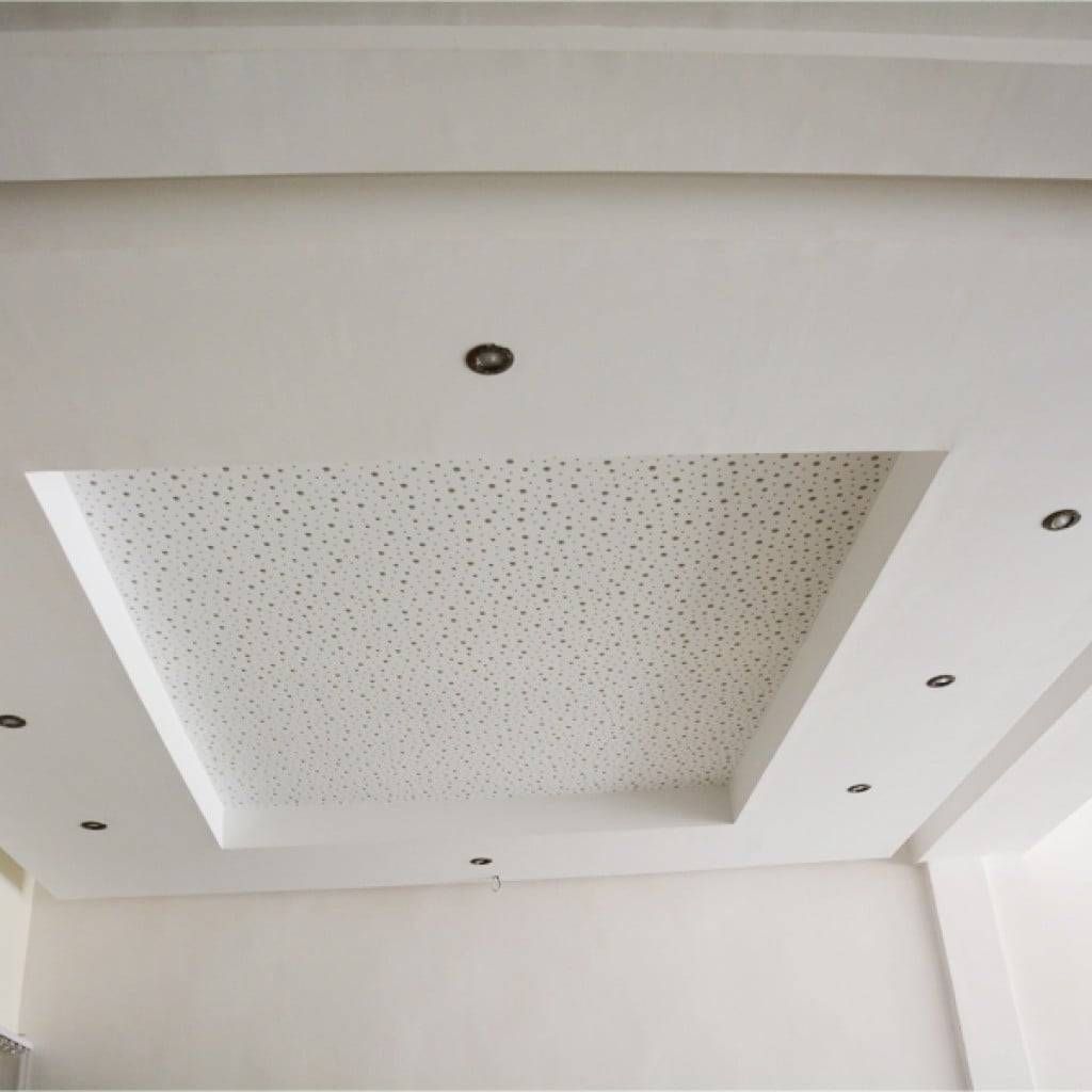 Plafond blanc encastré avec un panneau central perforé et de petits spots encastrés dans une pièce