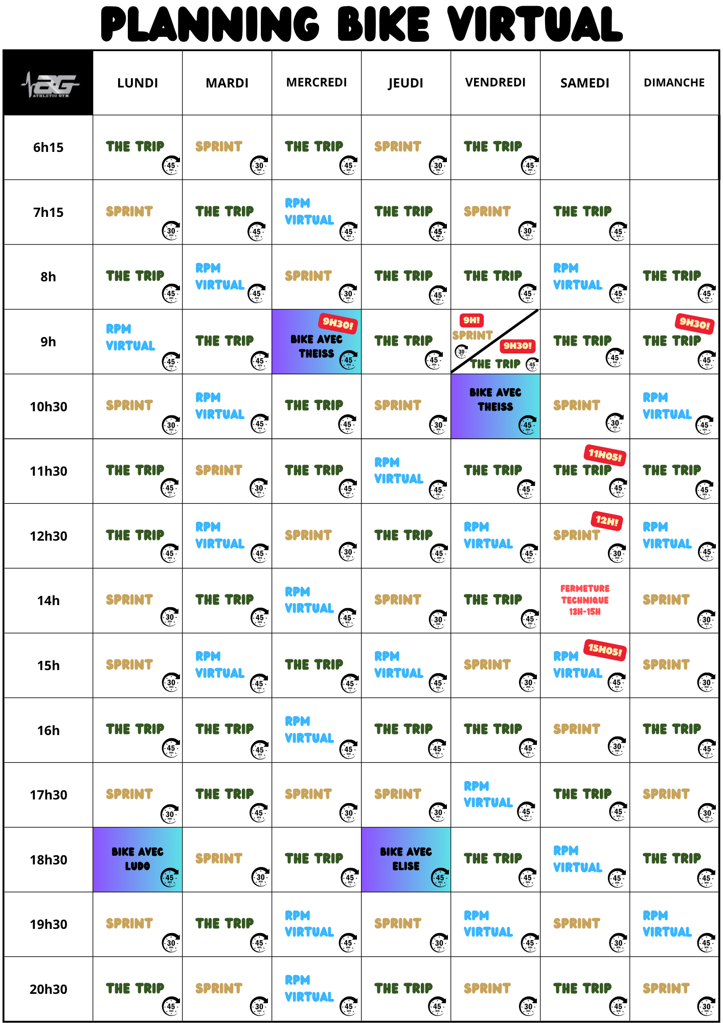 Planning des séances Bike Virtual