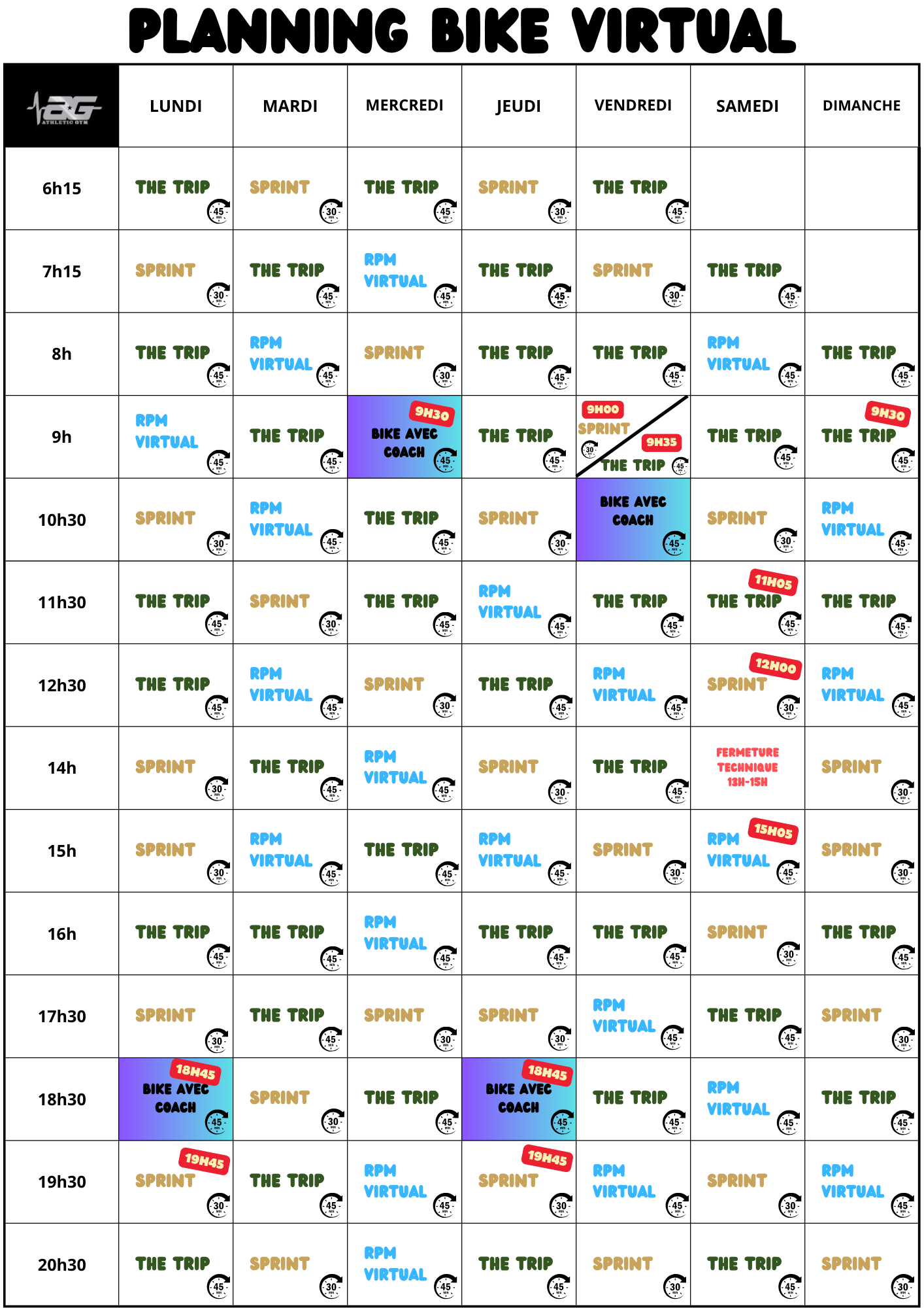 Planning des séances Bike Virtual