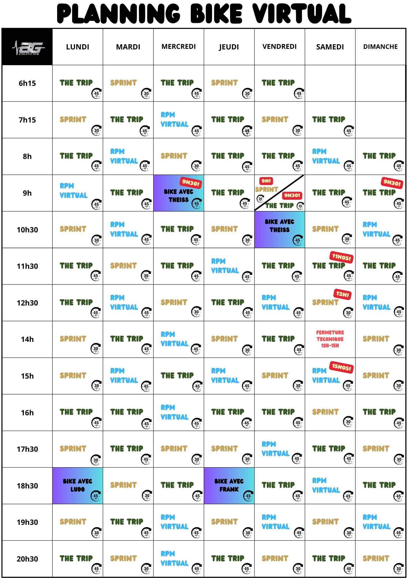 Planning des séances Bike Virtual