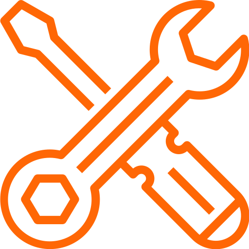 Ein orangefarbenes Symbol eines Schraubenschlüssels und eines Schraubendrehers Ein orangefarbenes Symbol eines Schraubenschlüssels und eines Schraubendrehers