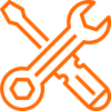 Ein orangefarbenes Symbol eines Schraubenschlüssels und eines Schraubendrehers