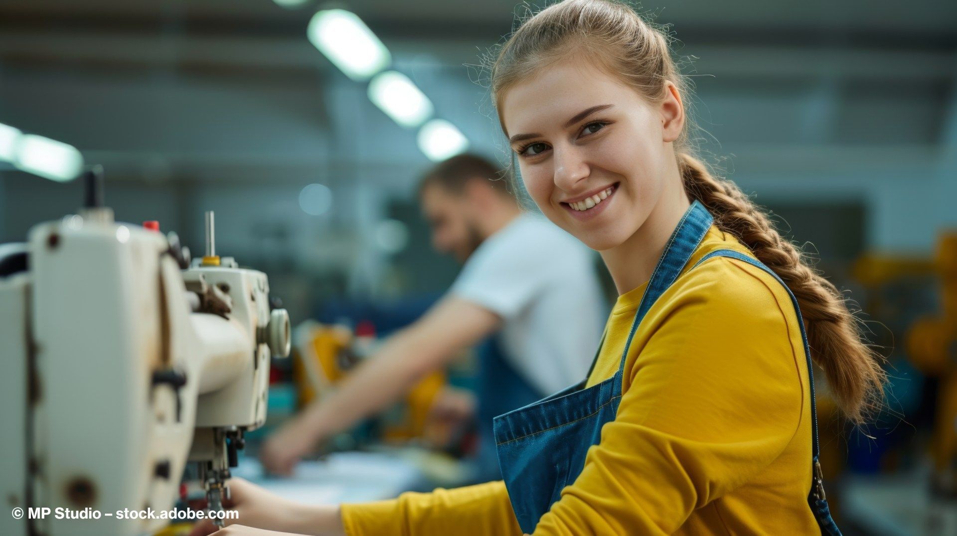 Eine Mitarbeiterin in einer Fabrik lächelt in die Kamera