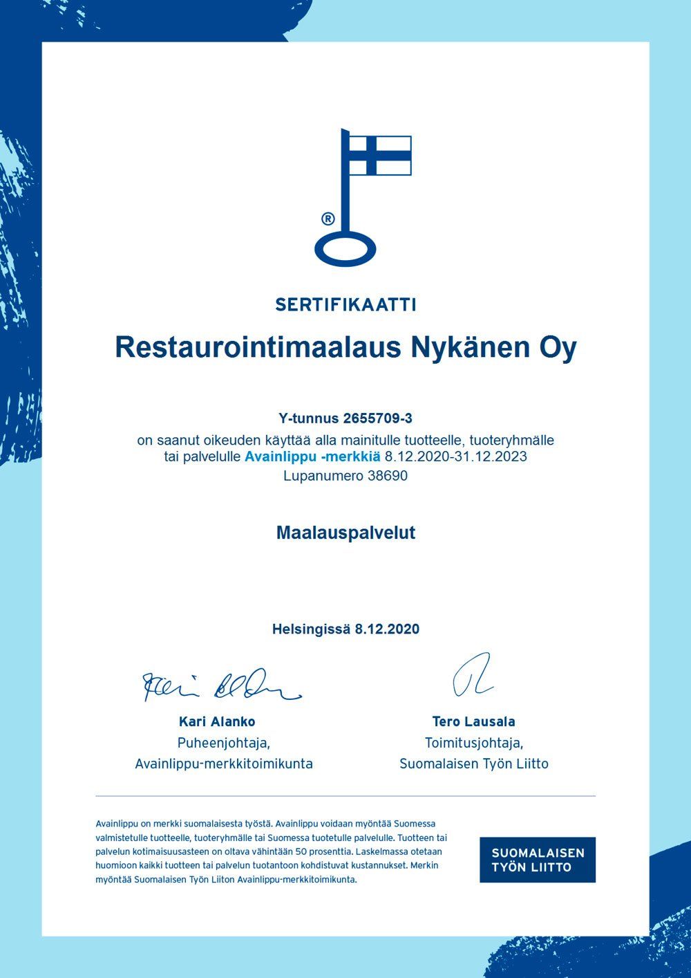 Avainlippu sertifikaatti Restaurointimaalaus Nykänen Oy