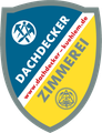 Logo für Dachdecker Peter Kühlem jun. GmbH, ein Dachdecker- und Zimmereiunternehmen, in Schildform mit blauen, gelben und weißen Elementen.