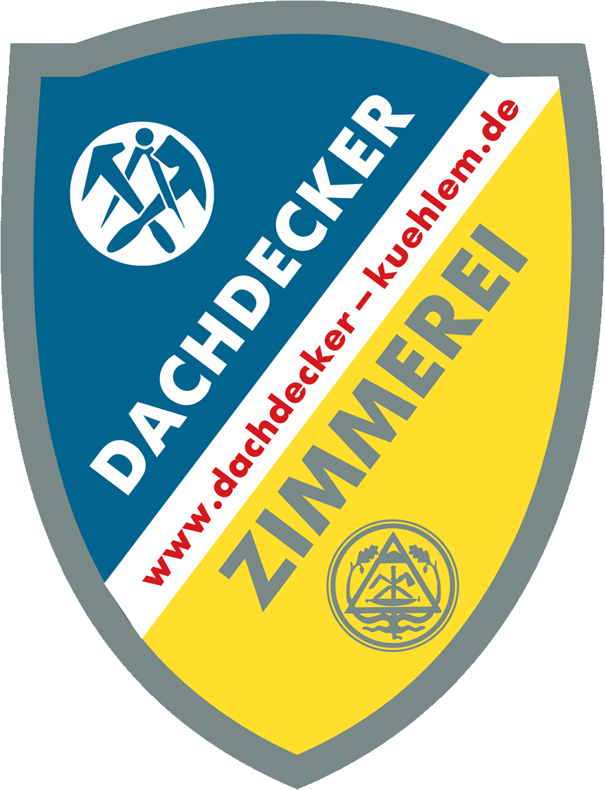 Logo für Dachdecker Peter Kühlem jun. GmbH, ein Dachdecker- und Zimmereiunternehmen, in Schildform mit blauen, gelben und weißen Elementen.