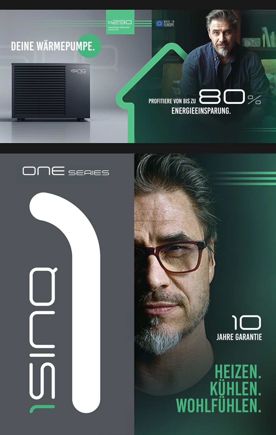 Werbung für eine Wärmepumpe. Ein Mann mit Brille und eine Wärmepumpe mit dem Text „Heizen, Kühlen, Wohlfühlen“.