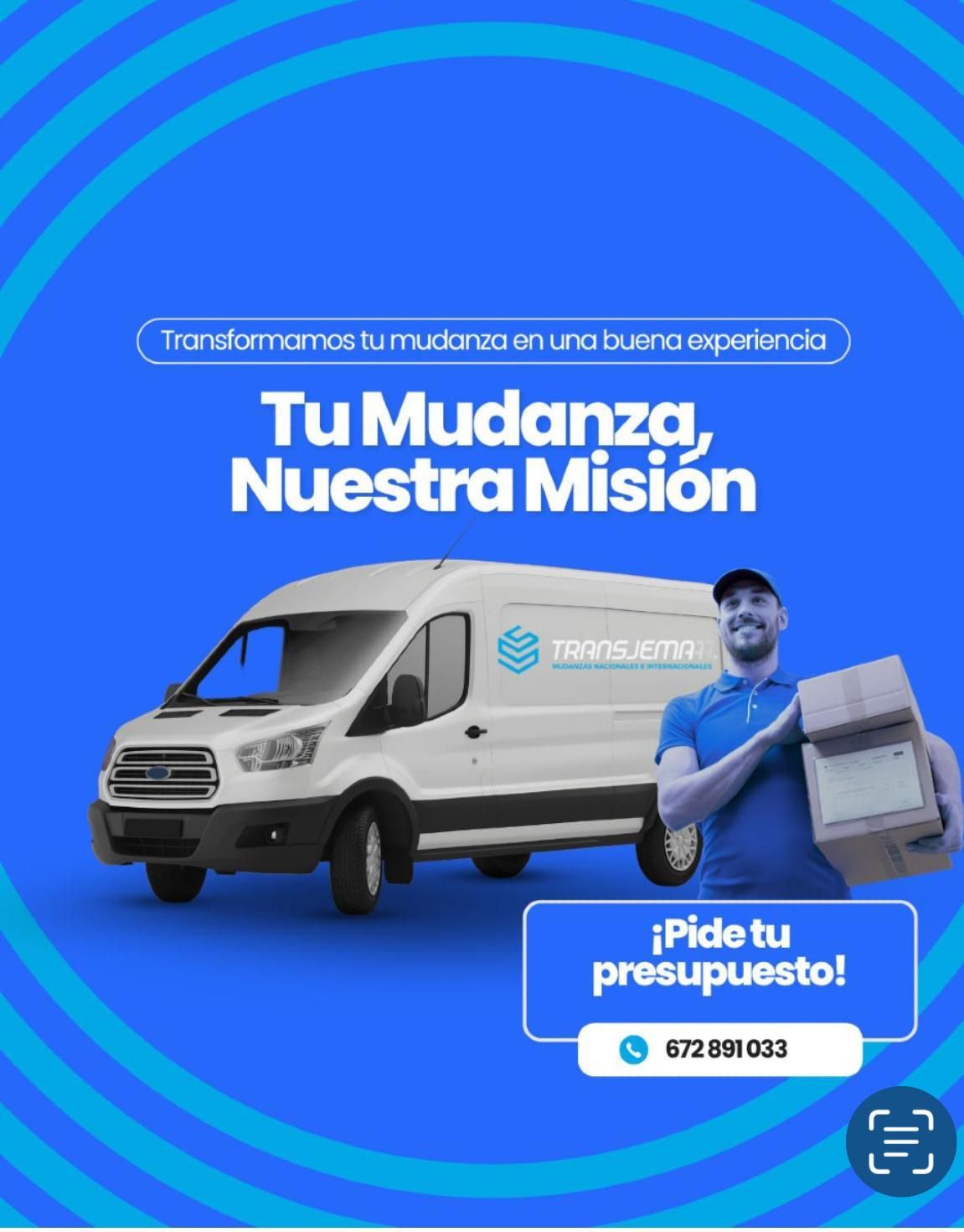 Anuncio de un servicio de mudanzas. Una furgoneta blanca y un trabajador sonriente con una caja aparecen frente a un fondo azul con el texto 