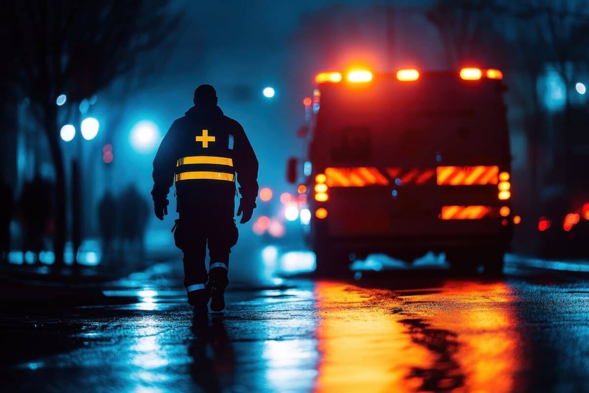 Un paramédico camina hacia una ambulancia por la noche;