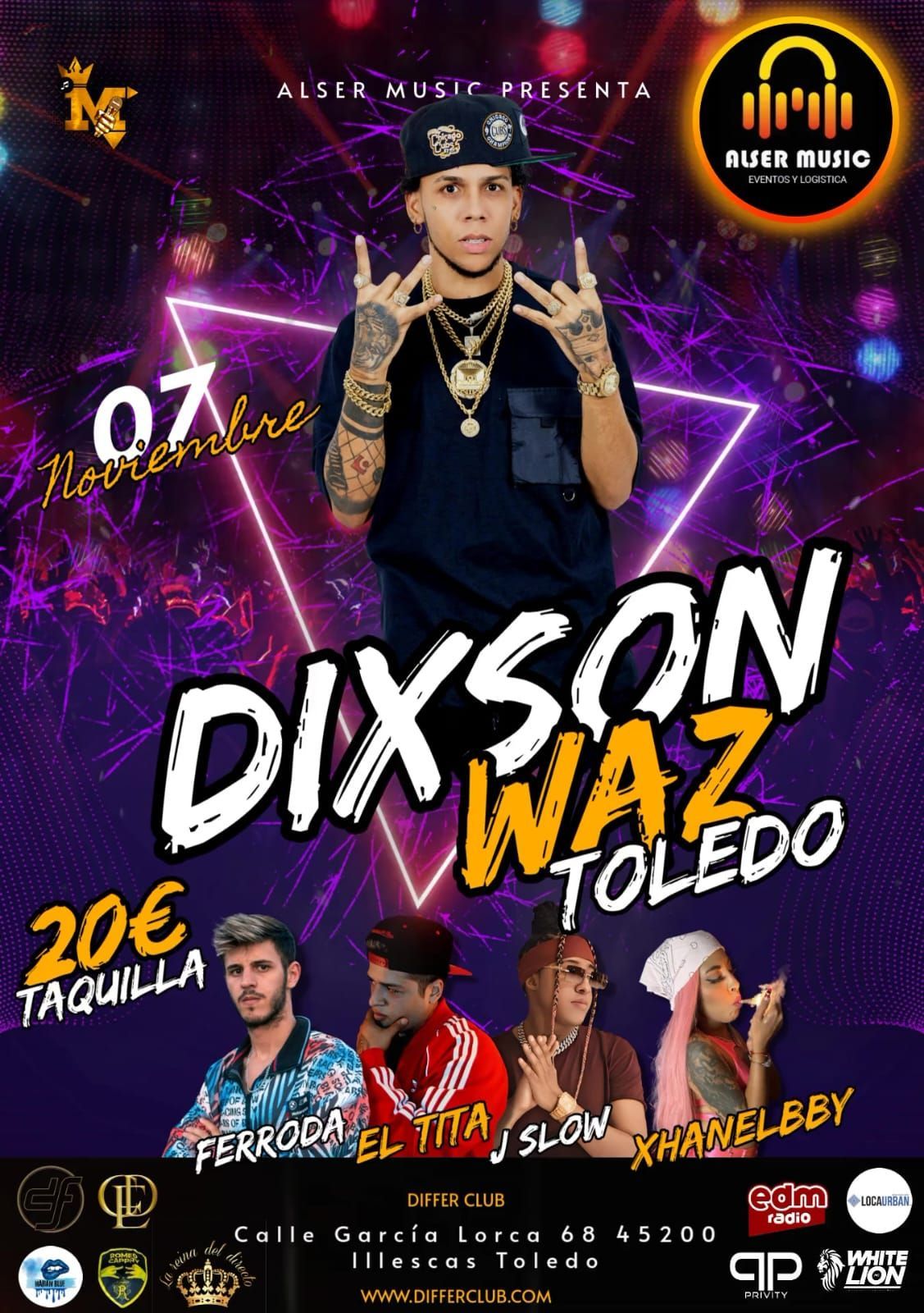 Cartel del concierto de Dixson Waz en Toledo. Presenta al artista, luces de neón y teloneros.