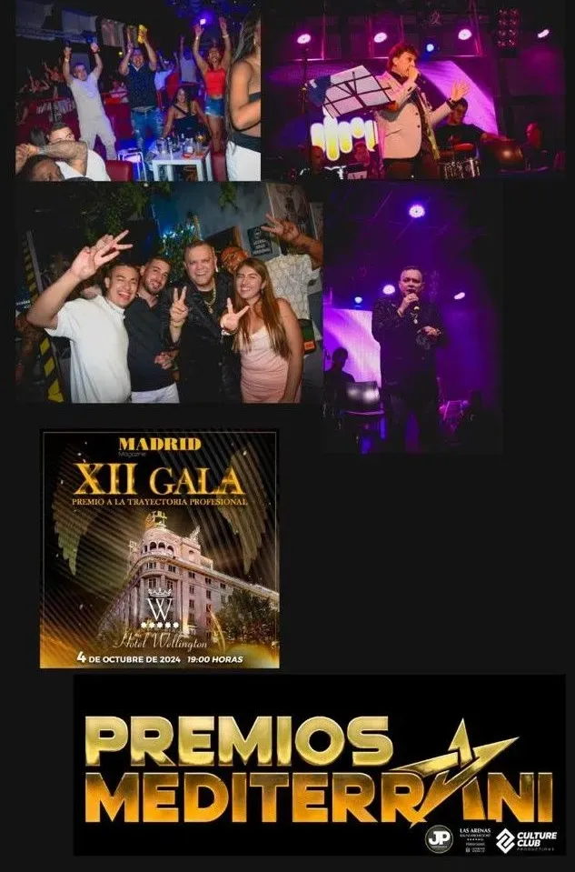 Escenas de un evento: gente bailando, artistas en el escenario, foto de grupo y logotipos de gala/premios.