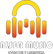 Logotipo para Alser Music: diseño de auriculares naranjas y amarillos con el nombre de la empresa y los servicios debajo.
