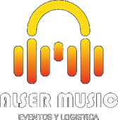 Logotipo para Alser Music: diseño de auriculares naranjas y amarillos con el nombre de la empresa y los servicios debajo.