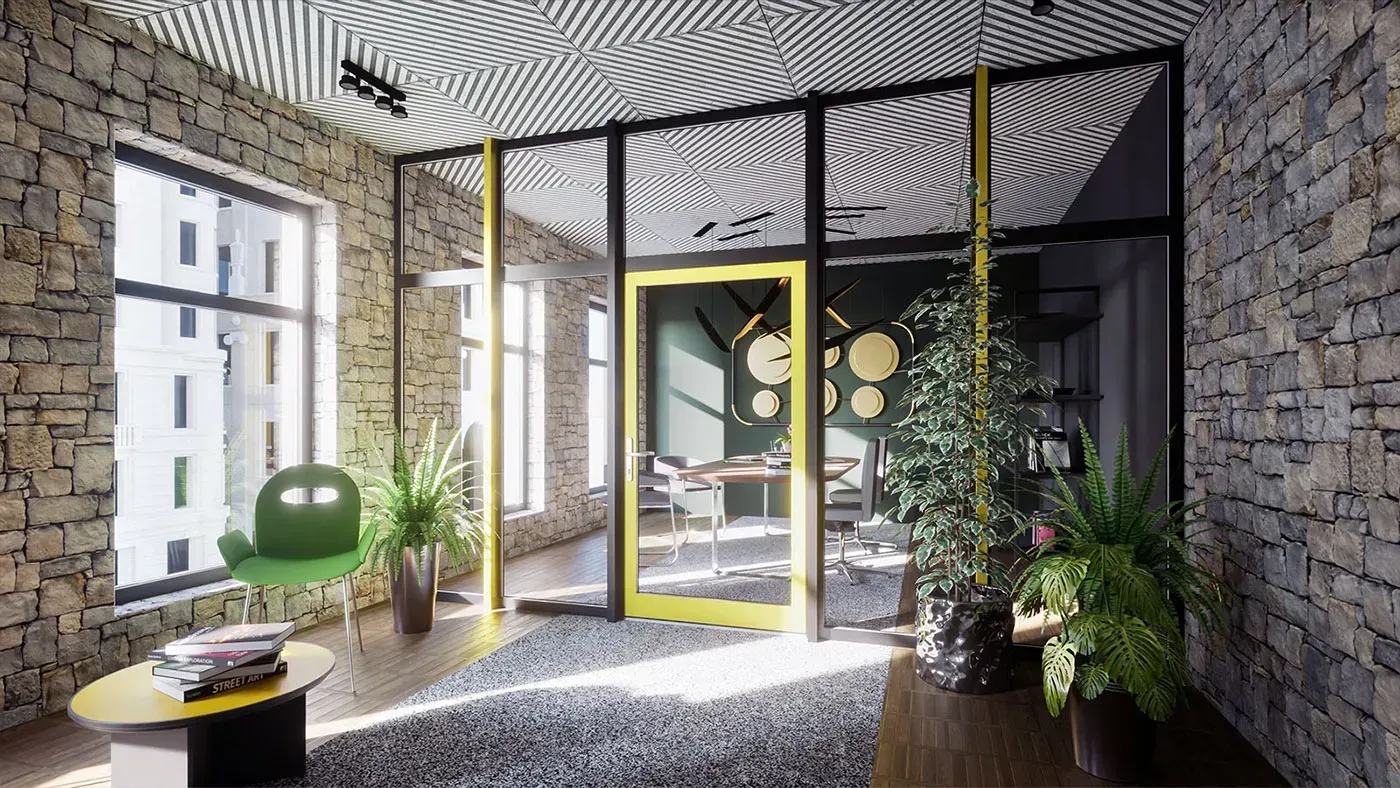 Büroeinrichtung: Steinwände, Glasraum mit gelben Akzenten, grüner Stuhl, Pflanzen, Blick auf die Stadt.