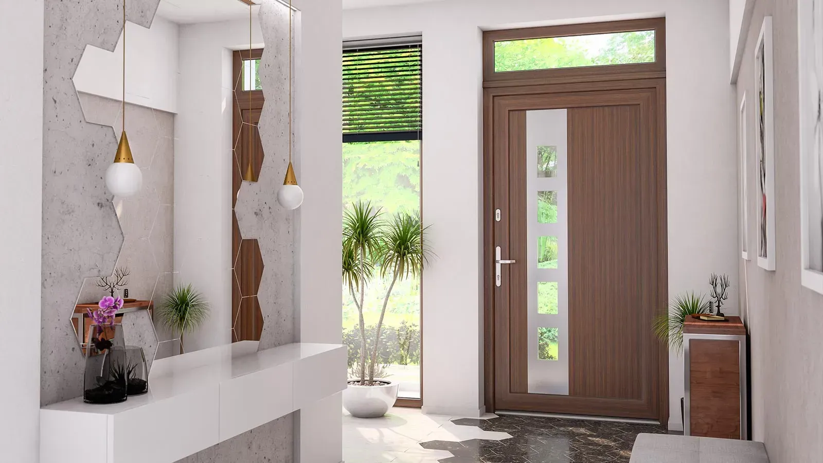 Moderner Eingangsbereich mit brauner Tür, weißer Konsole, strukturierter Wand, Pflanzen und Hängelampen.