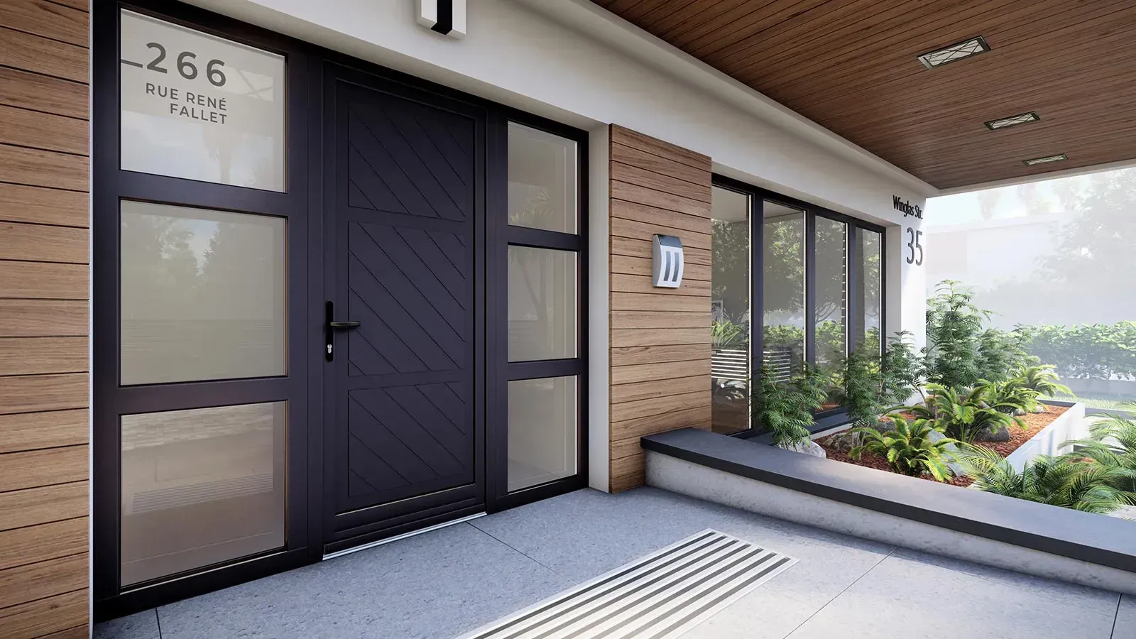 Dunkle Haustür mit Glaseinsätzen, Hausnummern und Landschaftsgestaltung im Außenbereich.