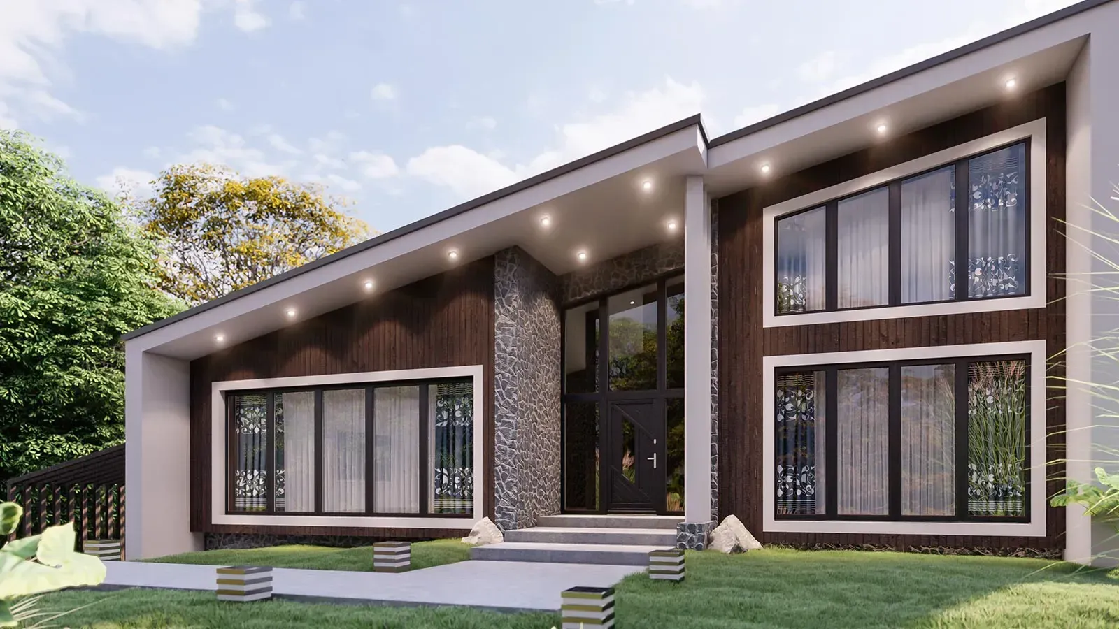 Modernes Haus mit schrägem Dach, großen Fenstern, Steinakzenten und Vorgarten mit Gras.