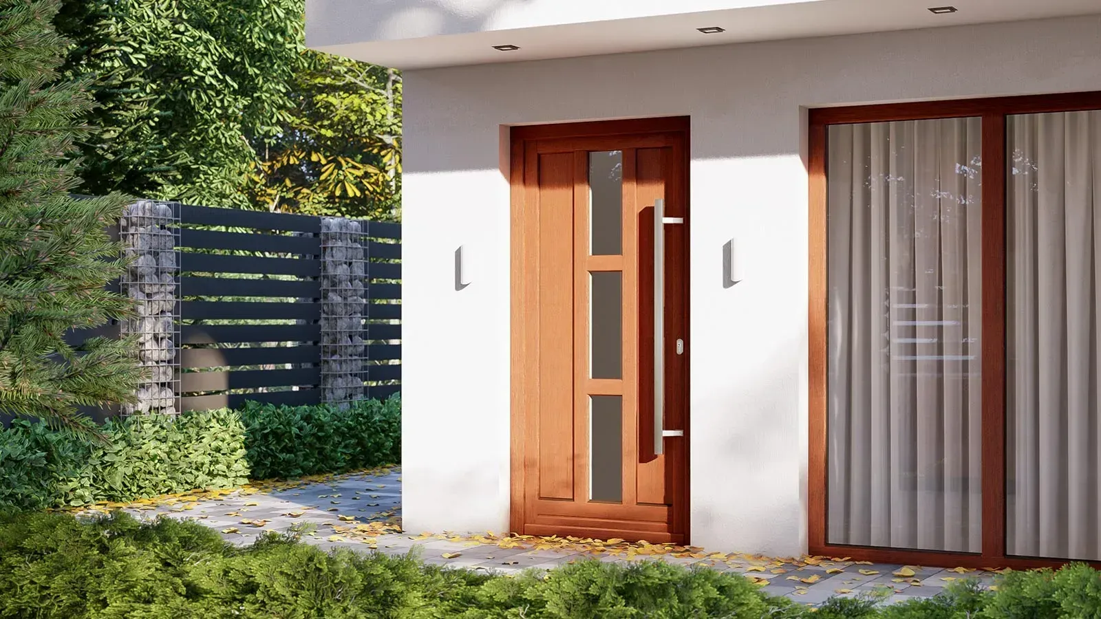 Holztür mit Glaseinsätzen, neben einer Glastür, in einem weißen Gebäude mit Garten.