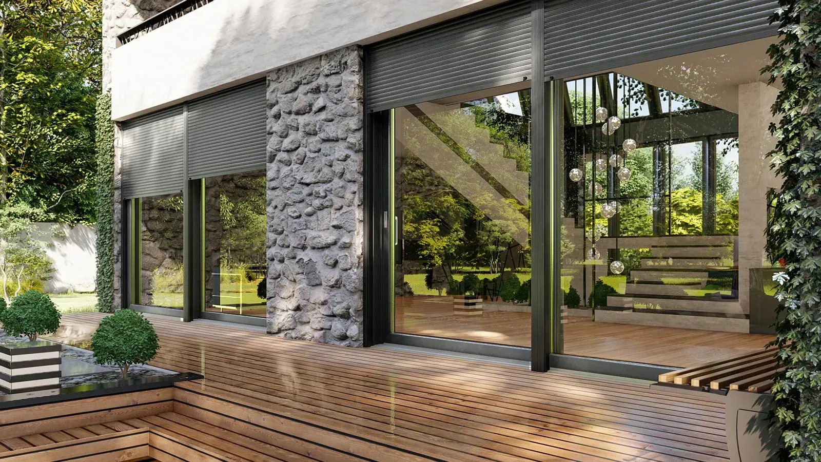 Moderne Terrasse mit Rollläden, Steinmauer und Blick auf einen Garten mit Treppe und Schaukel.