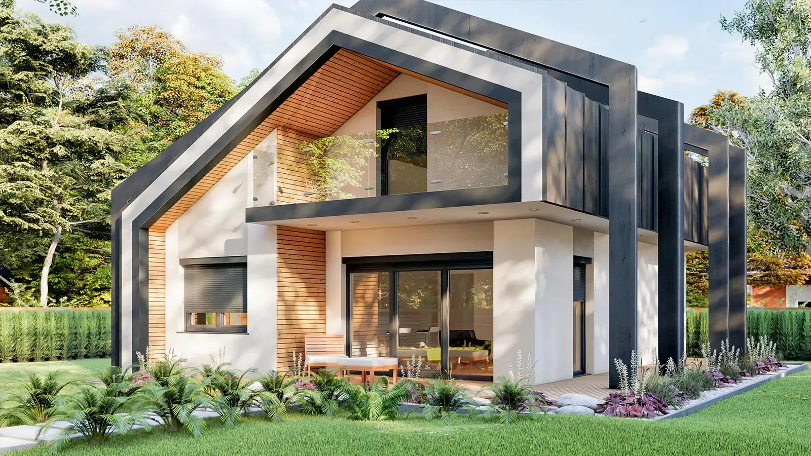 Modernes Haus mit weißer Fassade, schwarzen Zierleisten und Glasbalkon in einem grünen Garten.