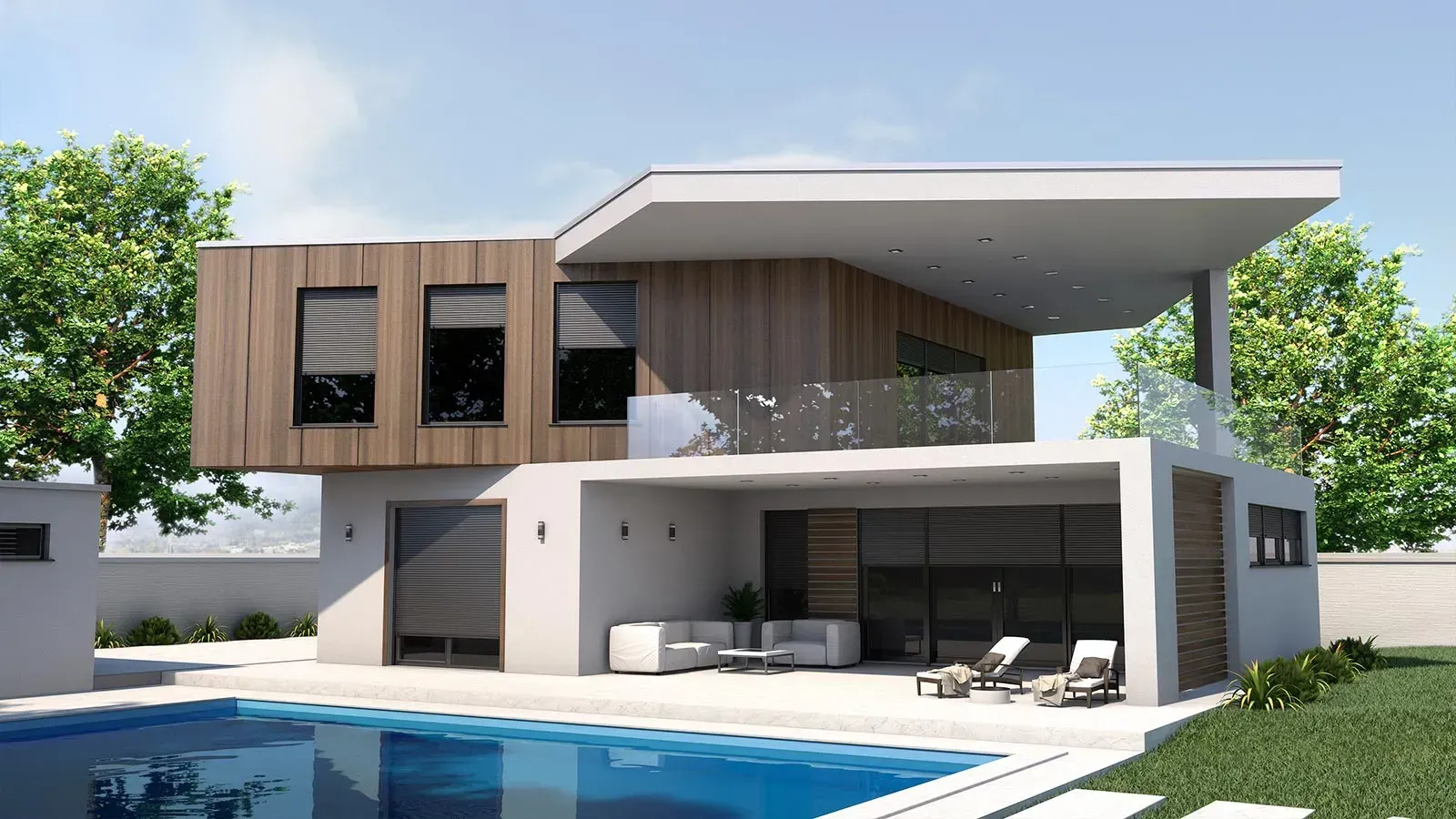 Modernes Haus mit Pool; zweistöckig mit Holz- und Weißakzenten, Glasgeländer und schattiger Terrasse.