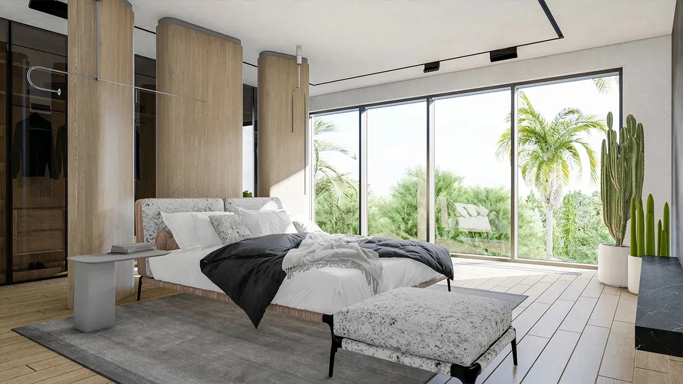 Modernes Schlafzimmer mit Bett, großen Fenstern, Holzakzenten und üppigem Grün draußen.