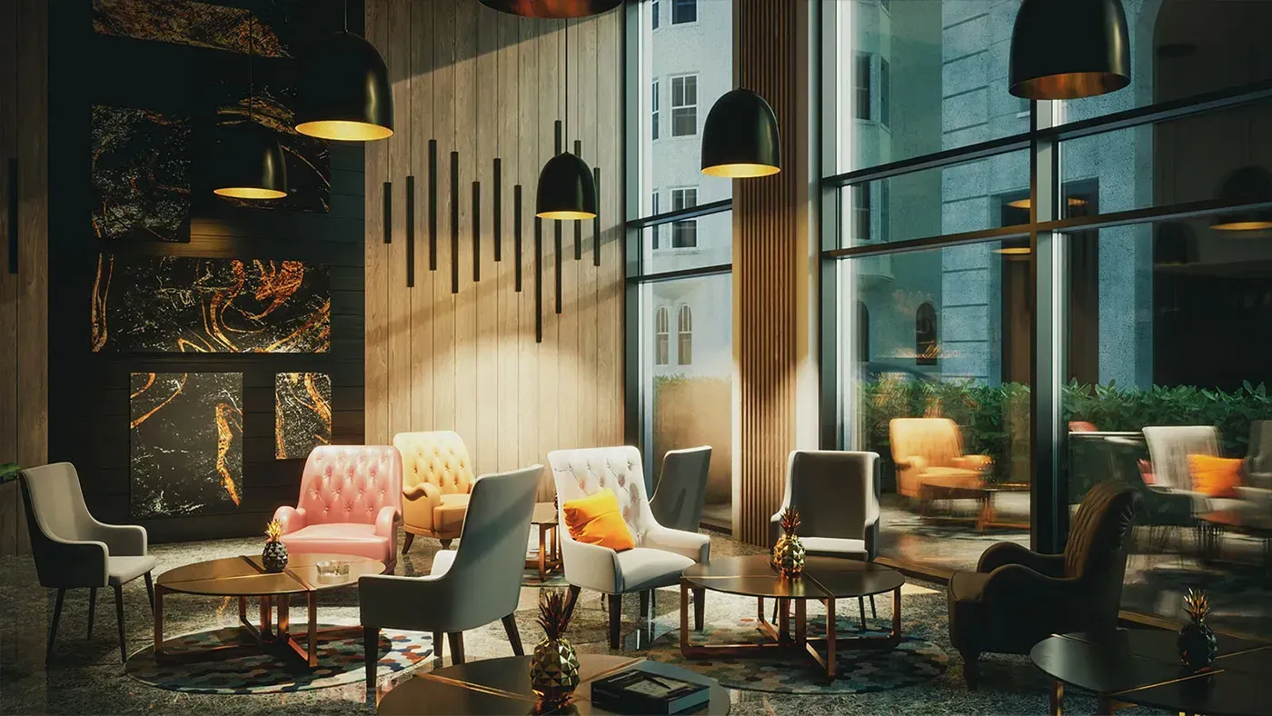 Loungebereich mit gepolsterten Stühlen, runden Tischen und großen Fenstern. Goldene und schwarze Akzente, warme Beleuchtung.