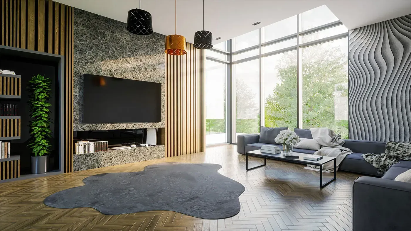 Modernes Wohnzimmer mit großen Fenstern, grauen Sofas, einem Teppich und einem Kamin mit Fernseher.