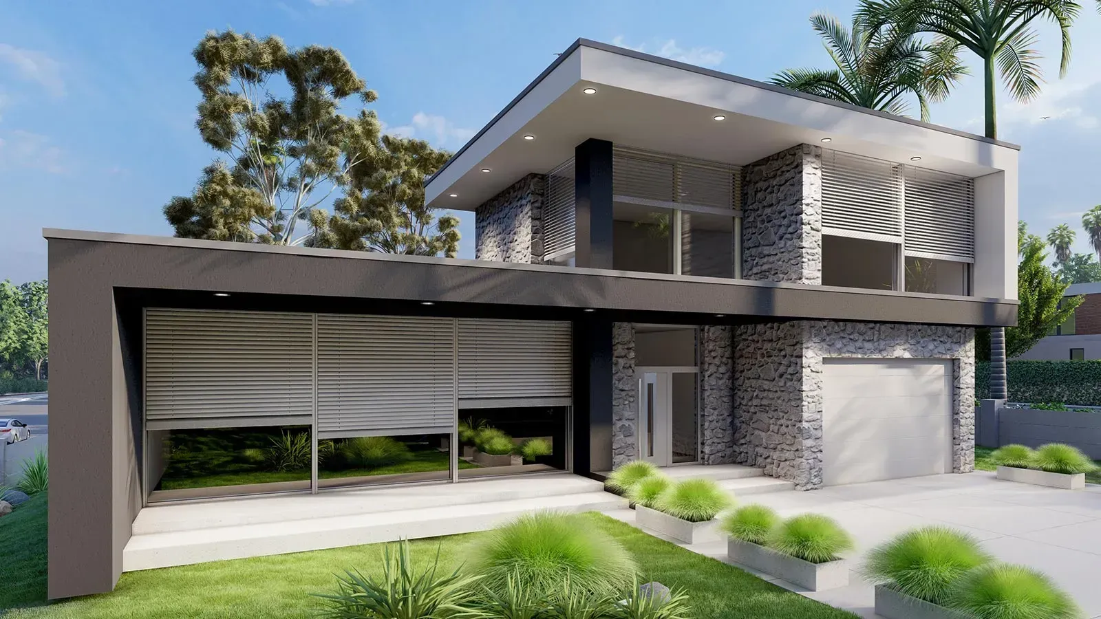 Modernes zweistöckiges Haus mit grauen Ziegeln und weißen Akzenten. Garage und Terrasse mit Grün.