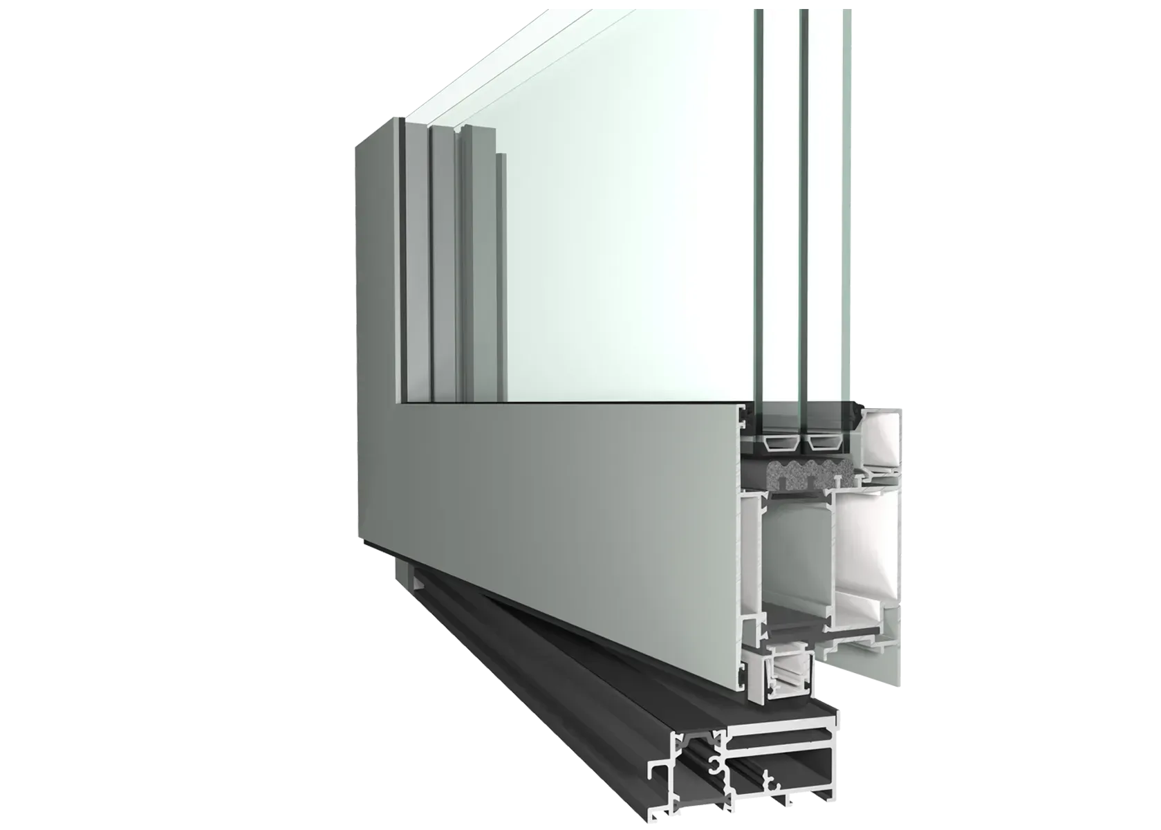 Querschnitt eines Aluminium-Fensterrahmens mit Dreifachverglasung.