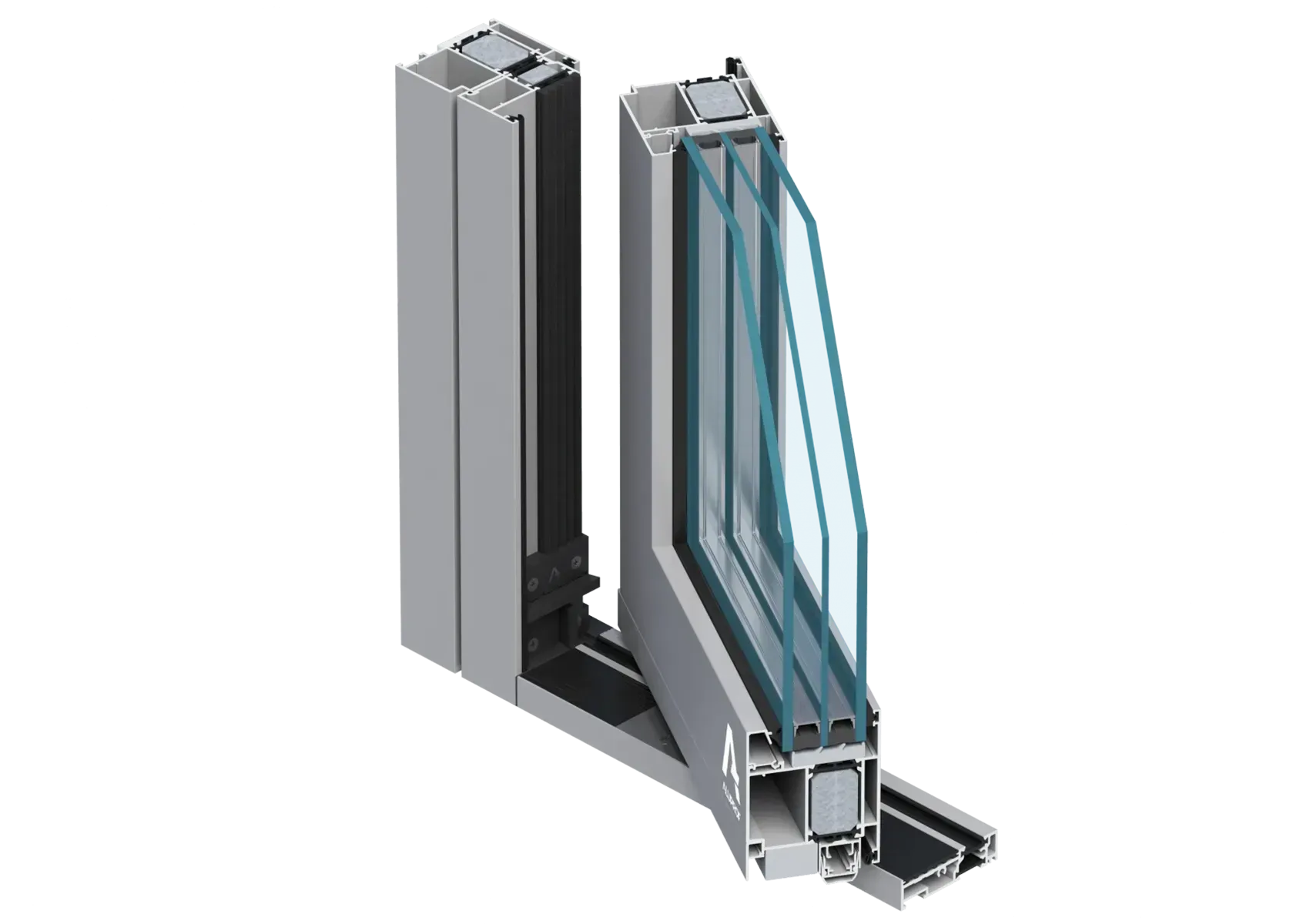 Querschnitt eines Fensterrahmens mit drei Glasscheiben, der die Aluminiumstruktur und Isolierung zeigt.