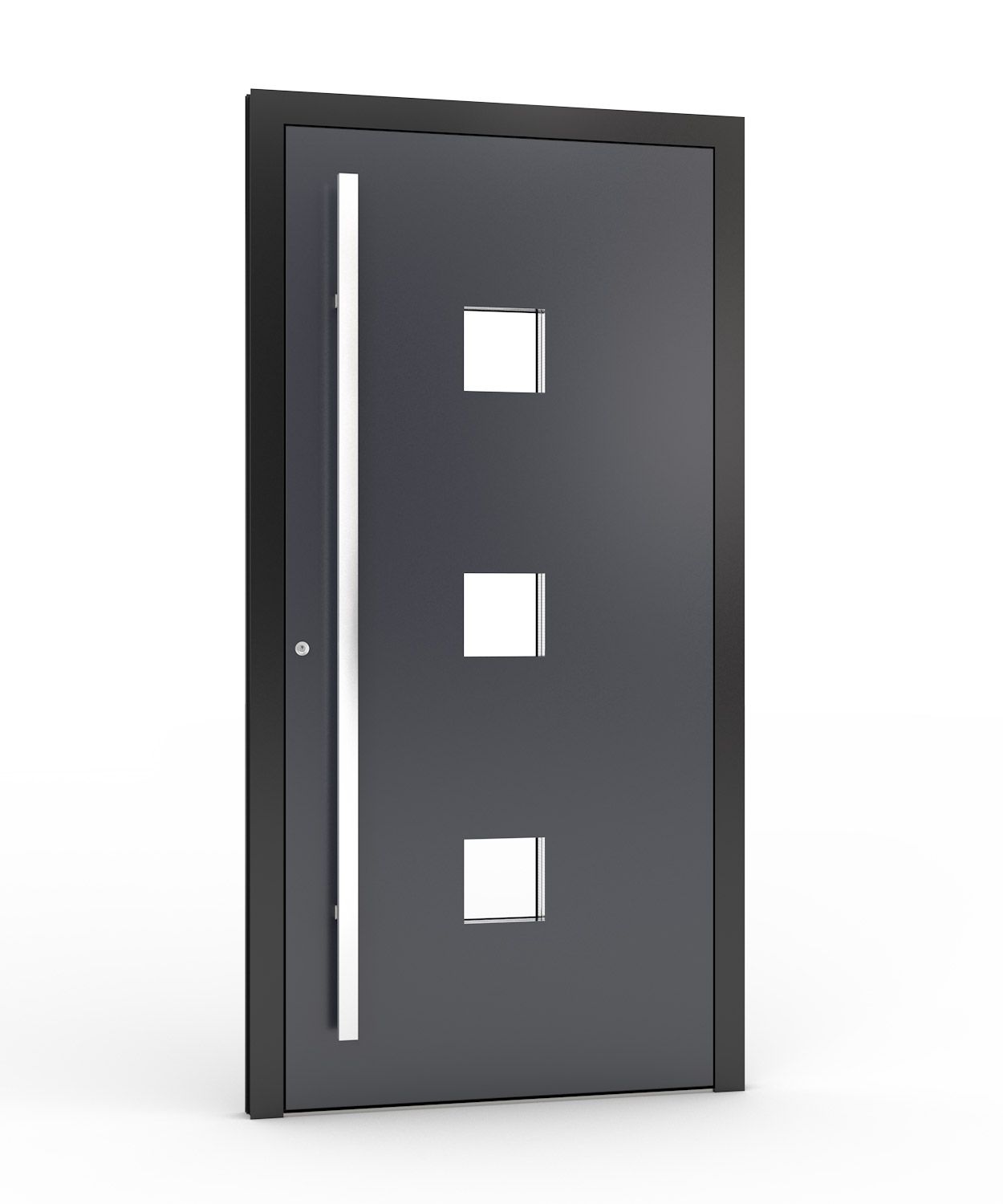 Dunkelgraue Haustür mit drei quadratischen Fenstern, vertikalem silbernen Griff und dunkelgrauem Rahmen.