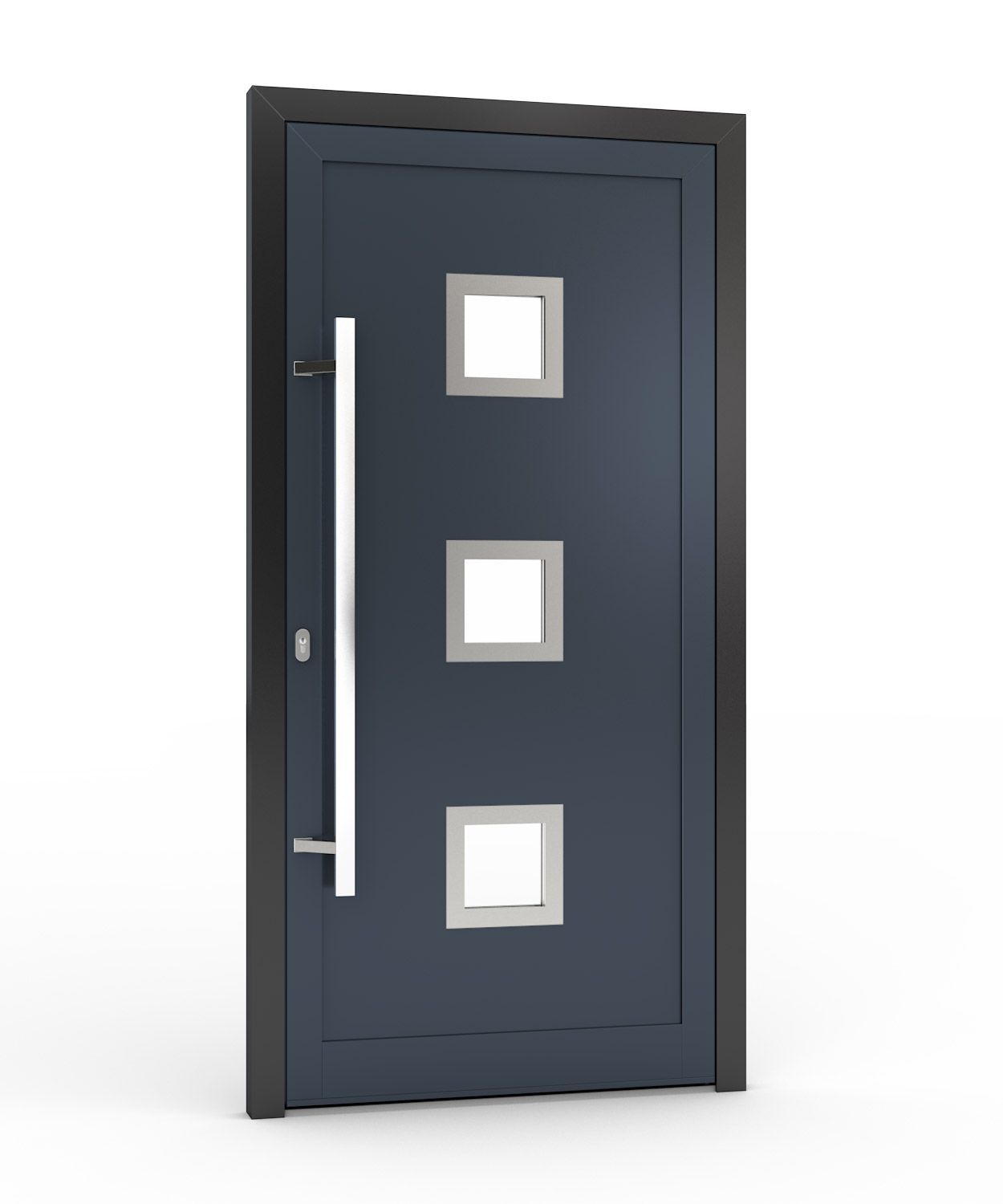 Blaue Eingangstür mit drei quadratischen Fenstern und einem vertikalen Griff.