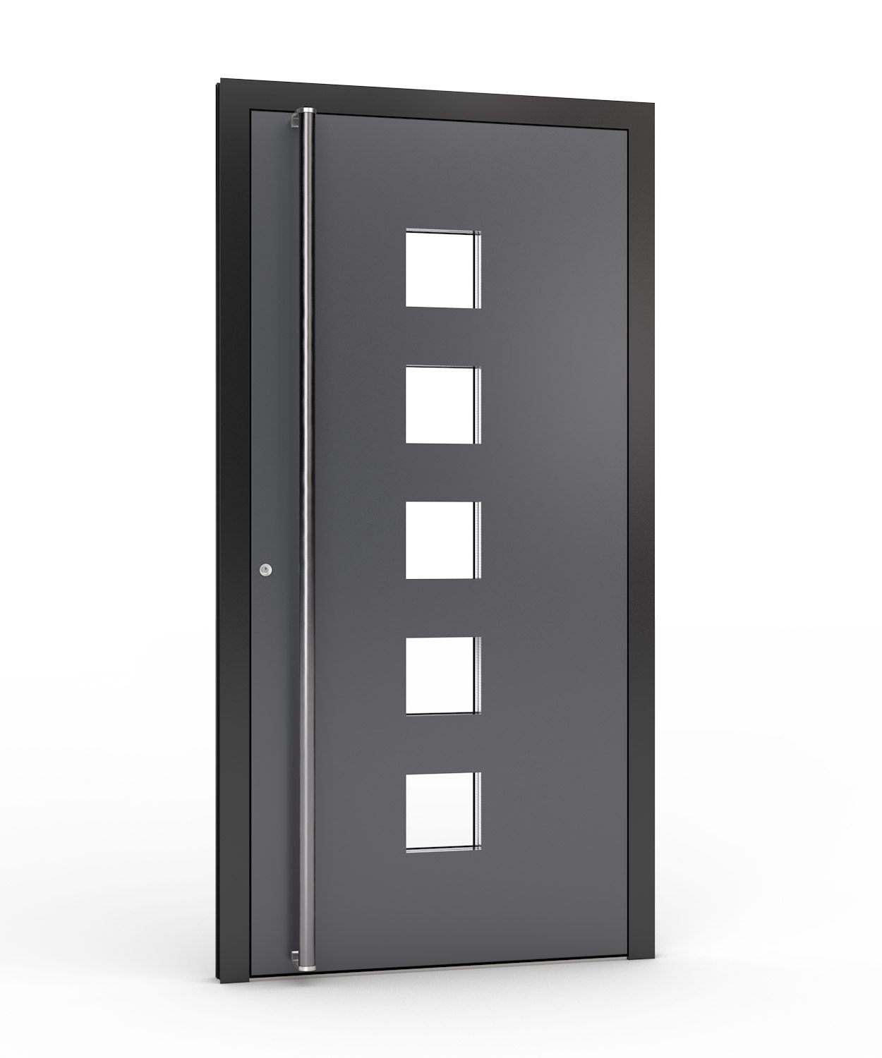 Graue Haustür mit fünf quadratischen, leicht geöffneten Fenstern in einem dunkelgrauen Rahmen.