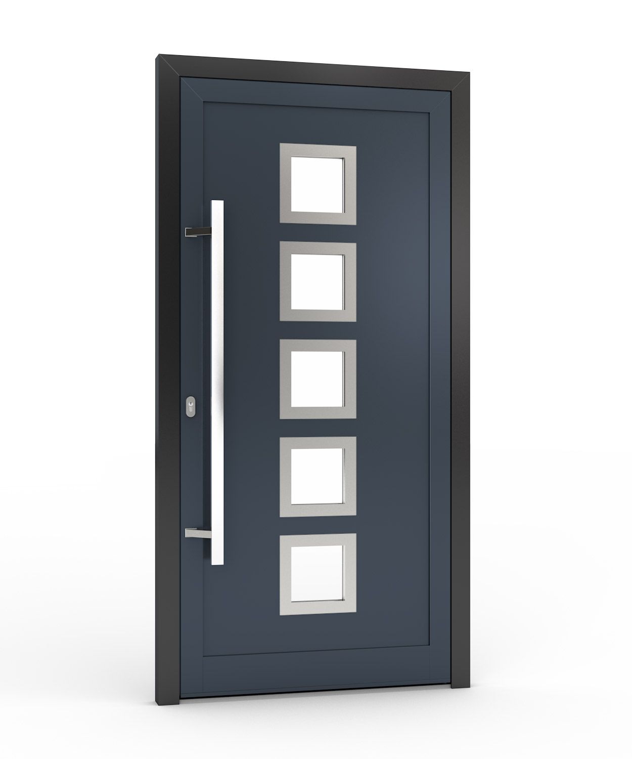 Blaue Haustür mit fünf quadratischen Fenstern und einem langen silbernen Griff.