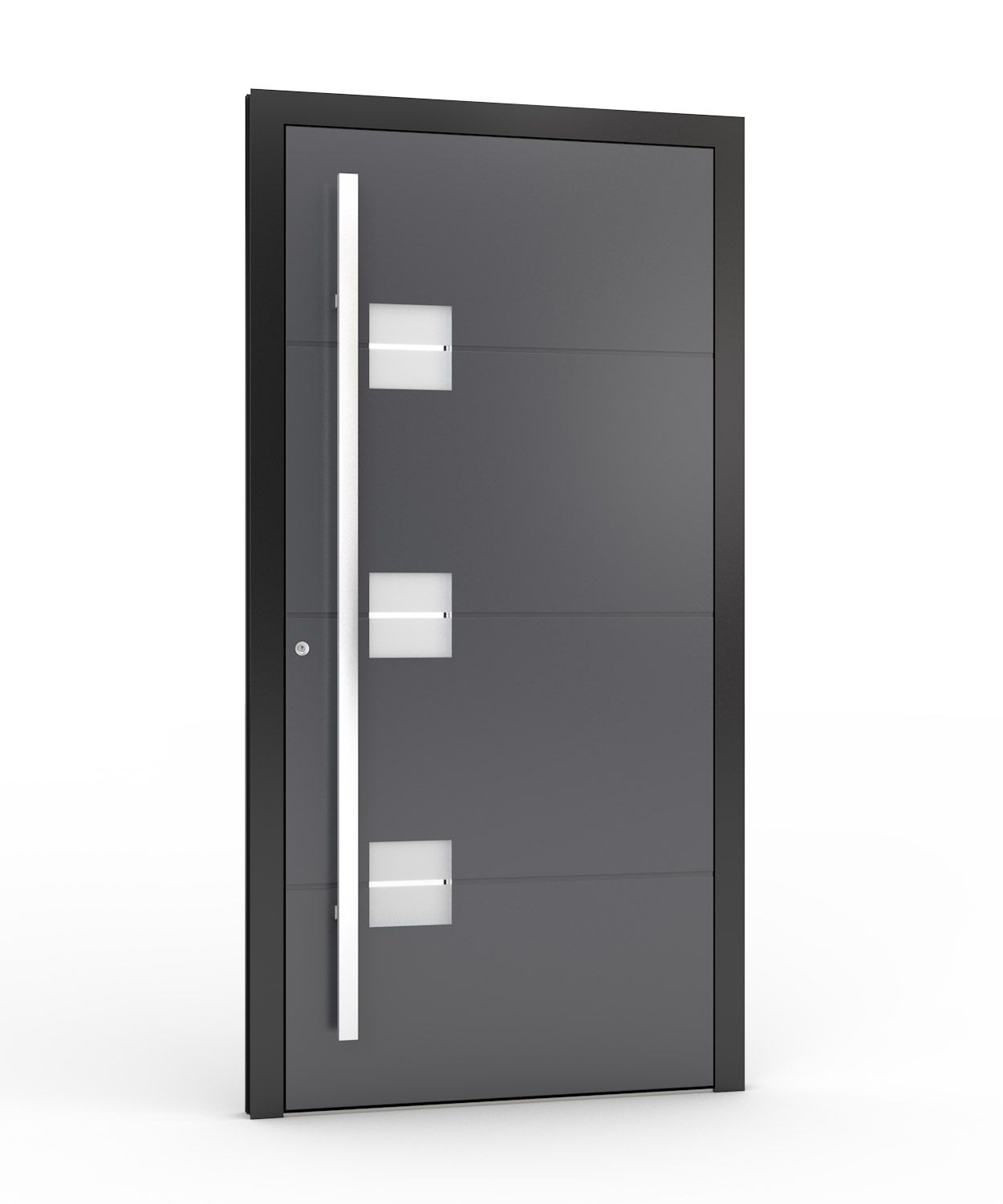 Graue moderne Haustür mit vertikalem silbernem Griff und drei quadratischen Glaseinsätzen.