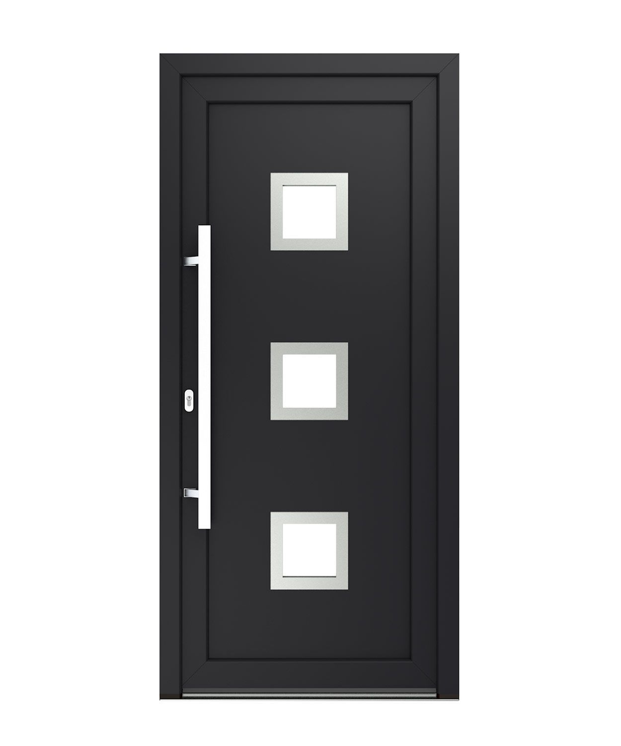 Schwarze moderne Haustür mit drei quadratischen Fenstern und einem vertikalen silbernen Griff.