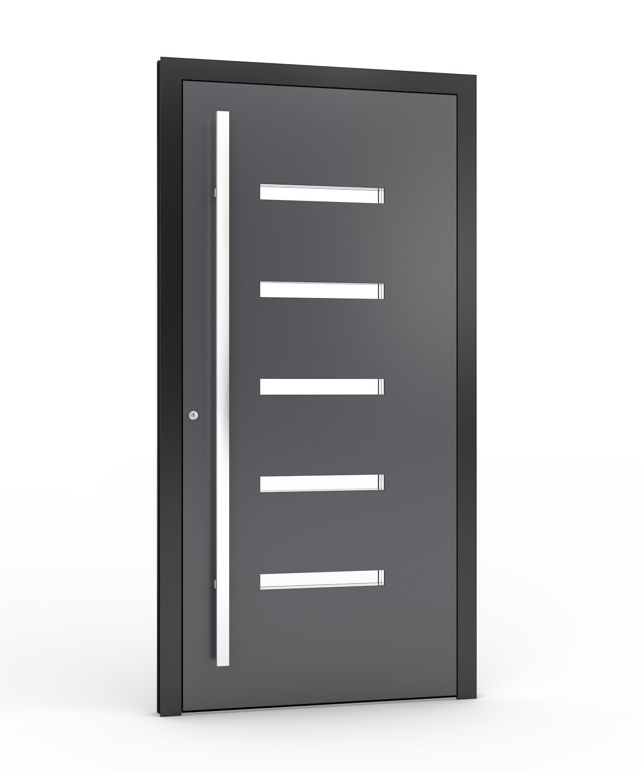 Dunkelgraue moderne Tür mit vertikalem Griff und horizontalen rechteckigen Ausschnitten.