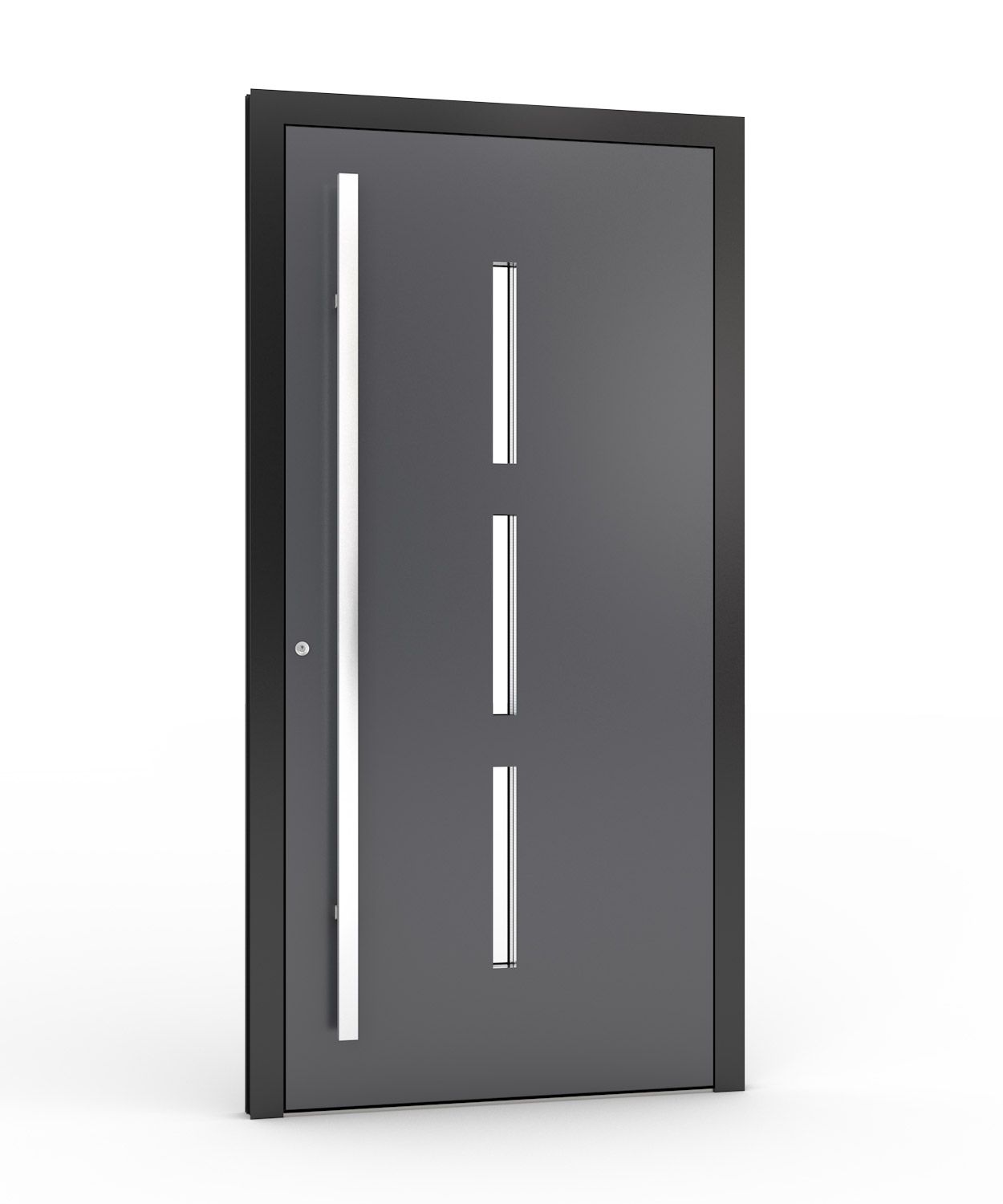 Dunkelgraue, moderne Haustür mit vertikalen weißen Akzenten und Einlage.