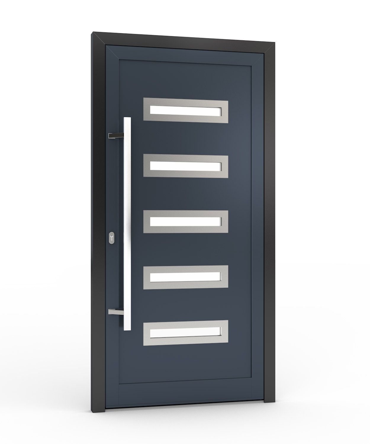 Blaue Haustür mit fünf horizontalen Fenstern, silberner Griff.