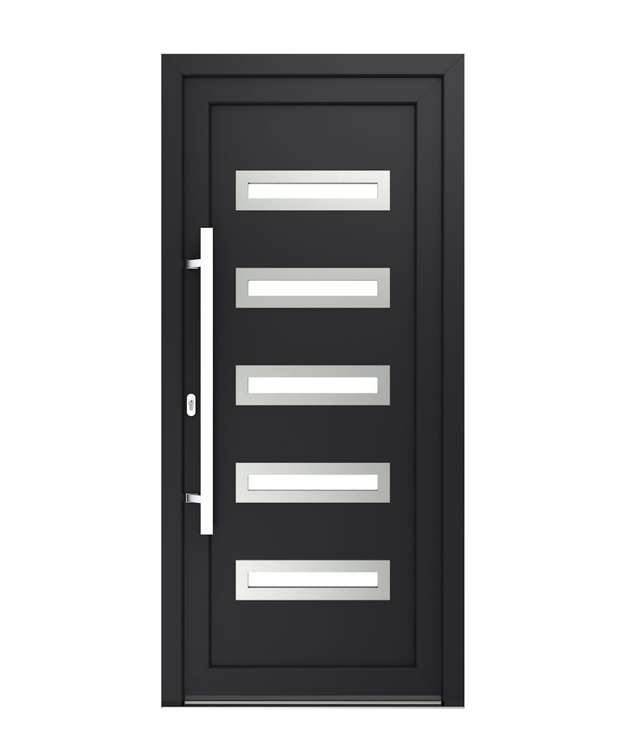 Schwarze Eingangstür mit fünf horizontalen Milchglasplatten und einem langen, silbernen Griff.