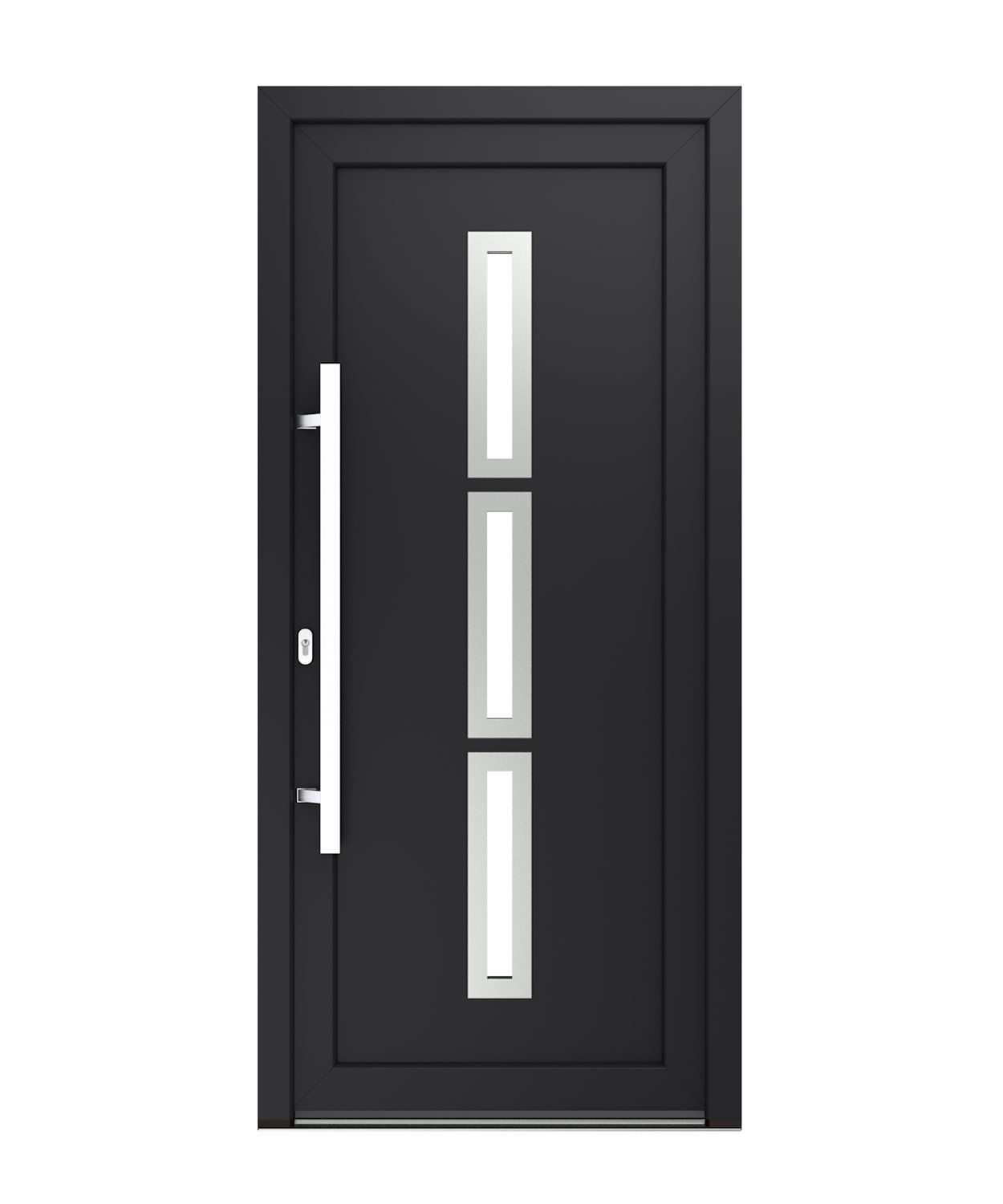 Schwarze moderne Haustür mit drei vertikalen Glaspaneelen und silbernem Griff.
