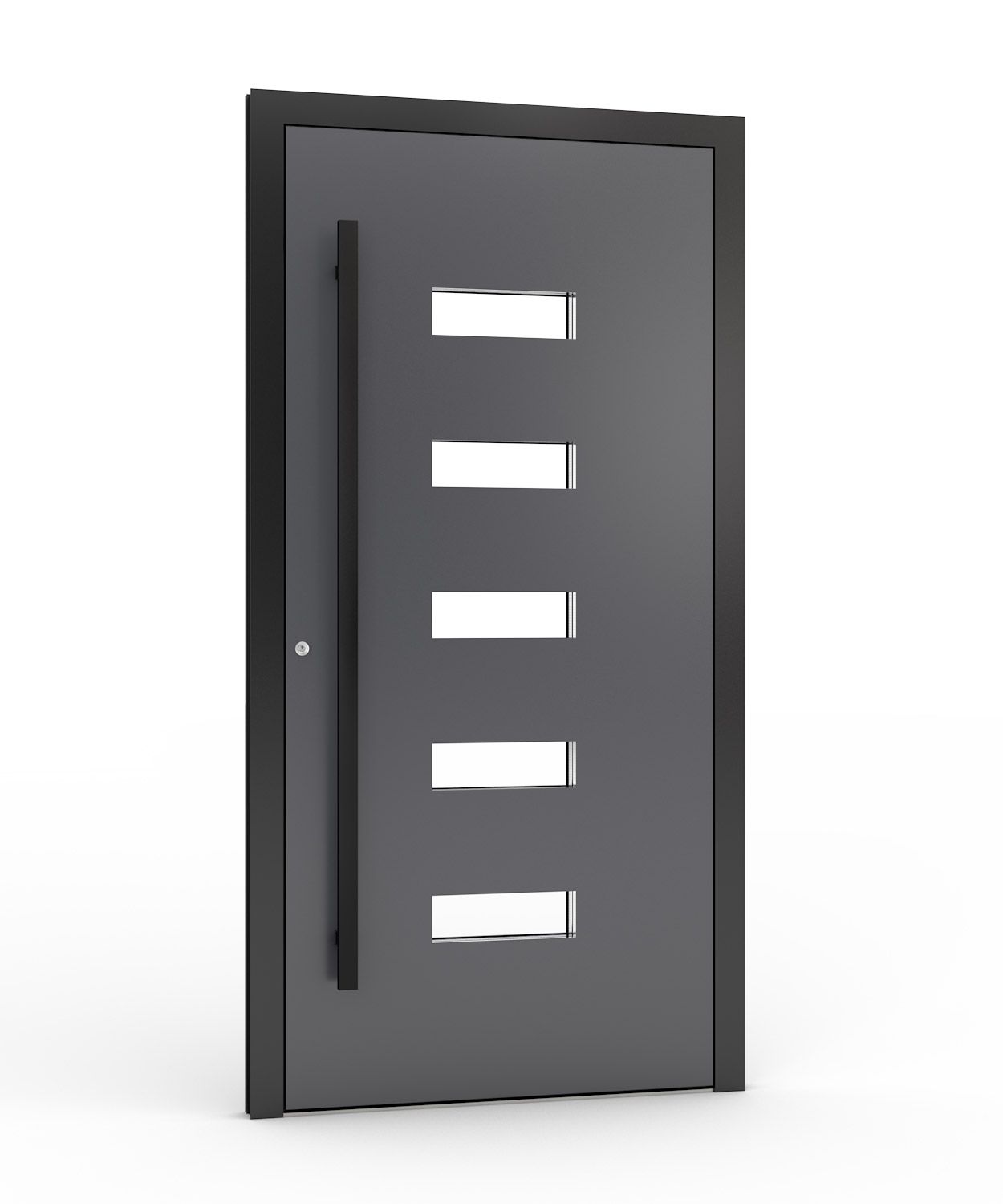 Graue Haustür mit fünf horizontalen Fenstern und einem vertikalen Griff.