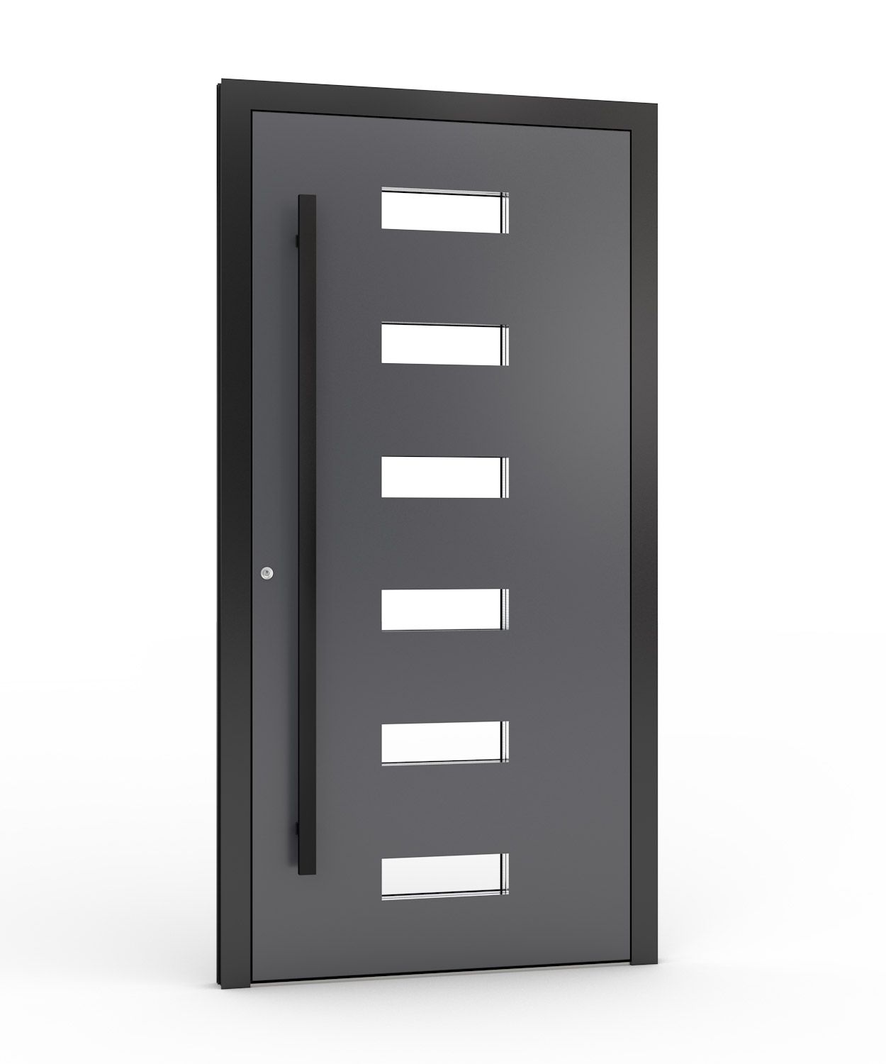 Graue moderne Haustür mit rechteckigen Glaseinsätzen und langem schwarzen Griff.