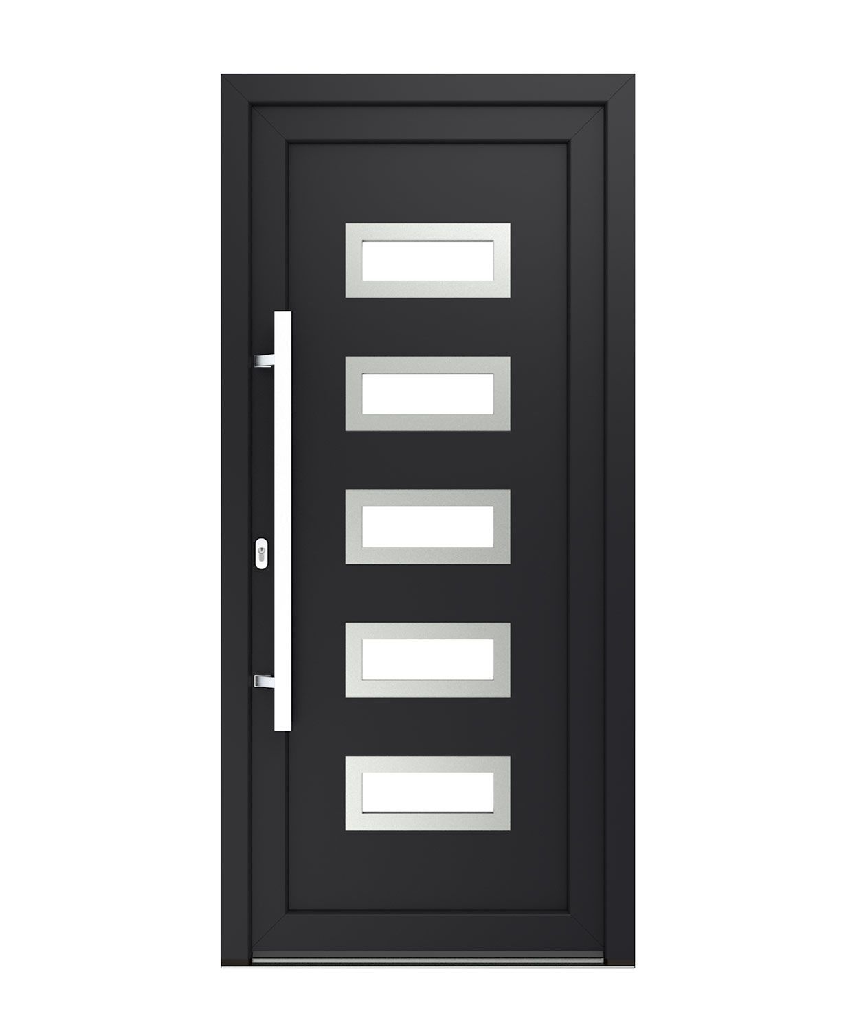 Dunkelgraue Haustür mit fünf horizontalen Glasplatten und einem vertikalen silbernen Griff.