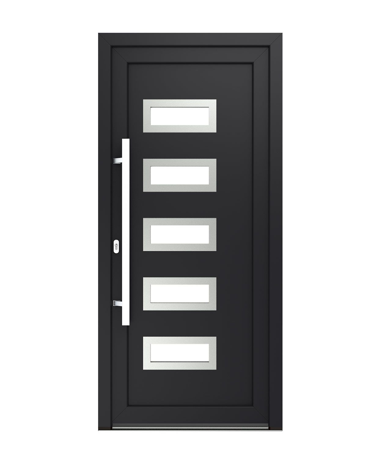 Schwarze Haustür mit fünf rechteckigen Fenstern und einem langen silbernen Griff.