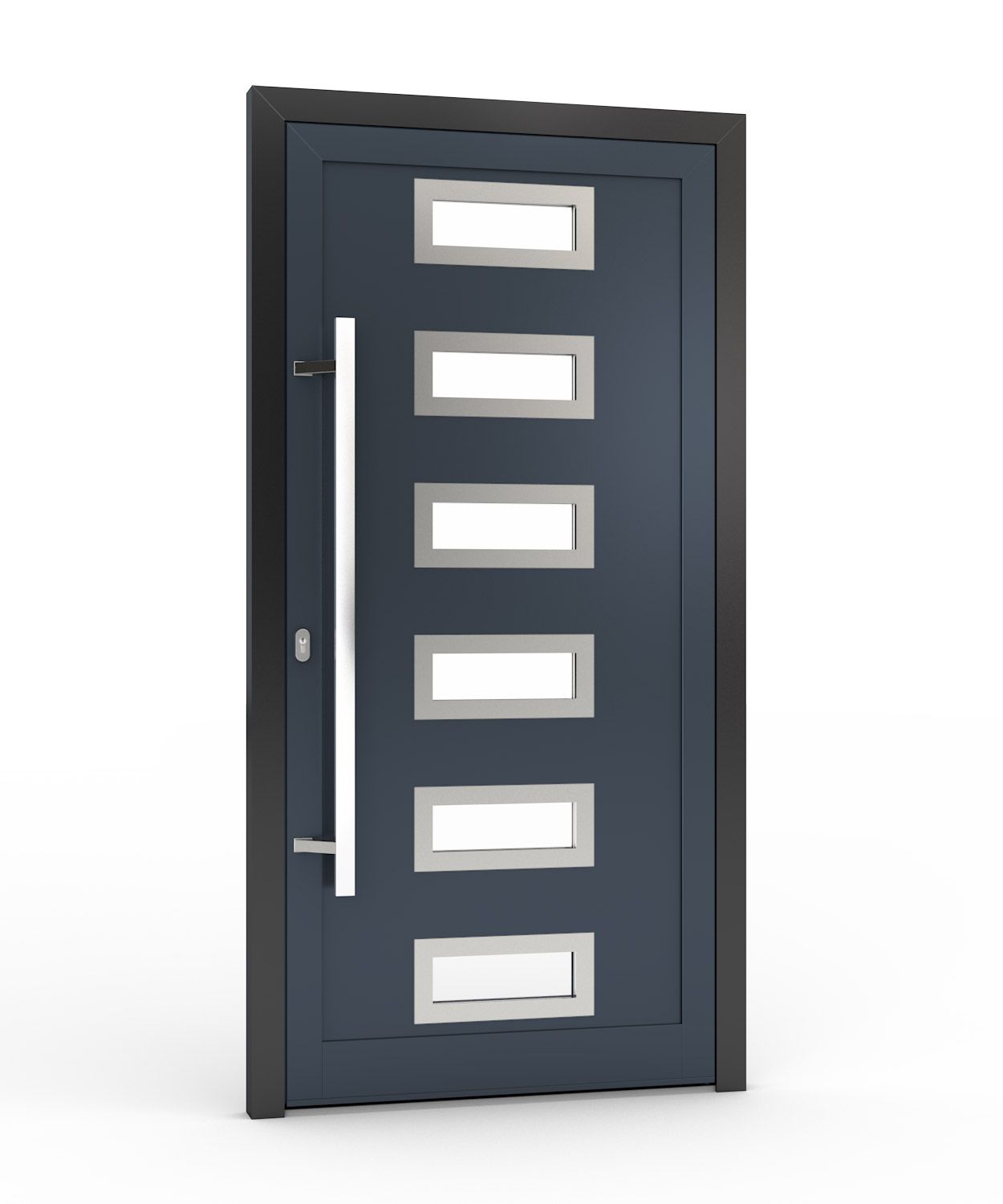 Dunkelblaue moderne Haustür mit sechs rechteckigen Glasplatten und silbernem Griff.