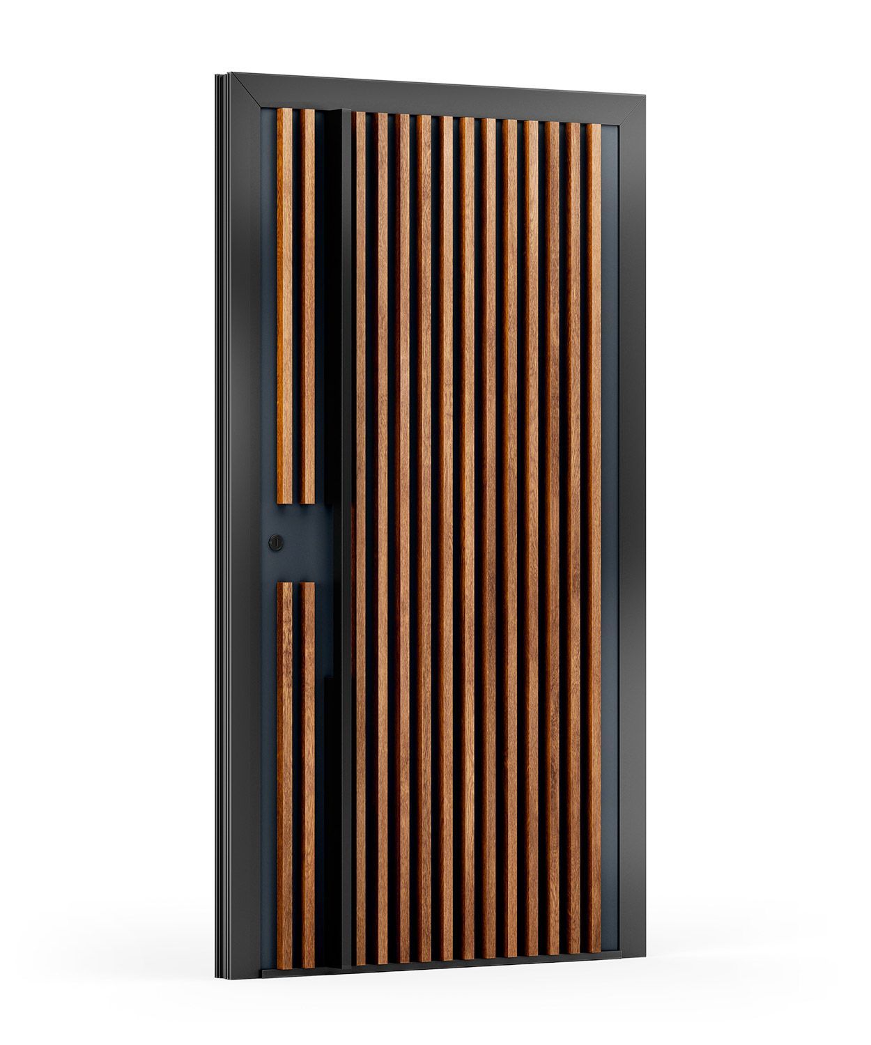 Moderne Haustür mit vertikalen Holzlamellen in einem schwarzen Rahmen.