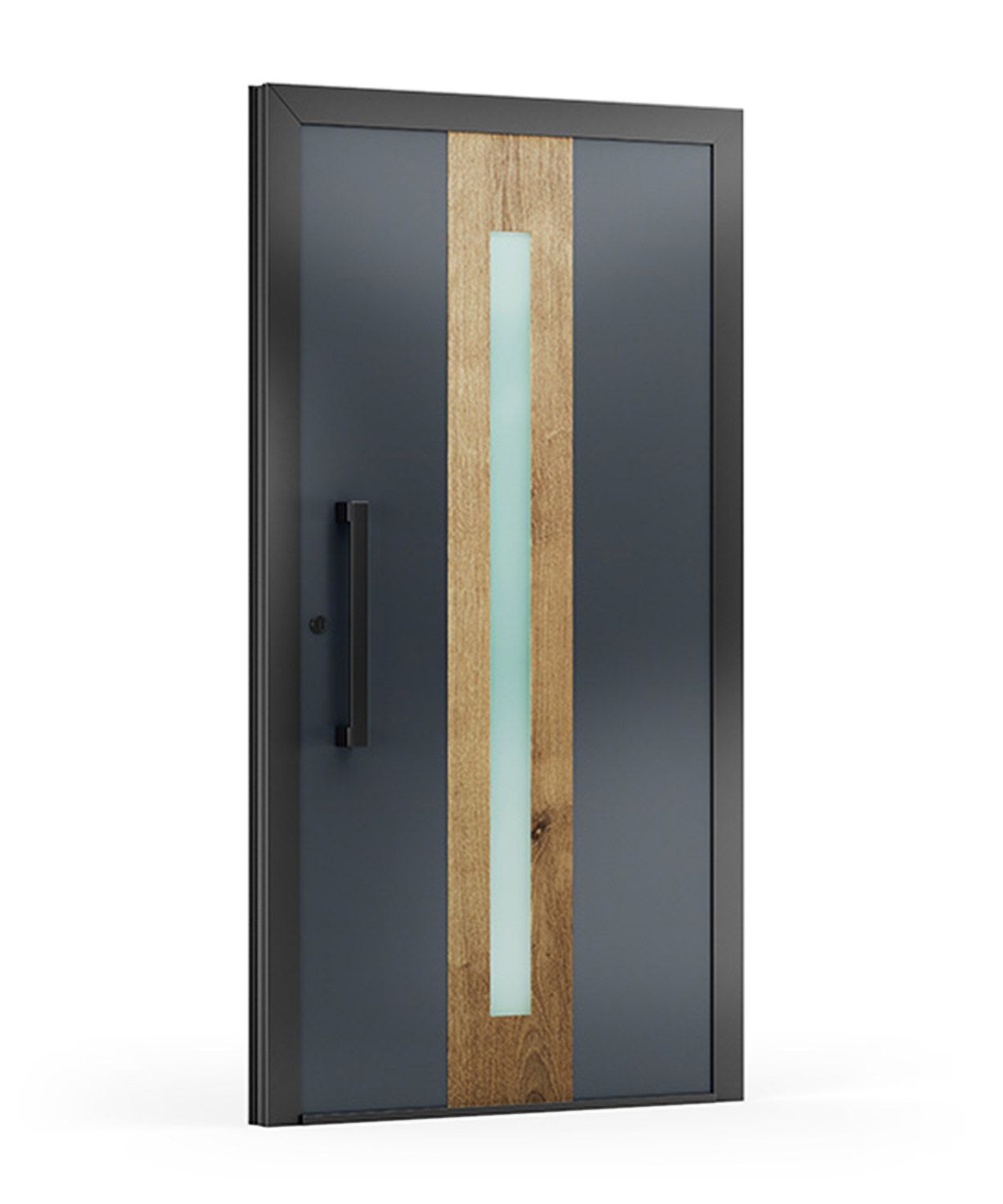 Moderne Haustür mit Holzpaneel, Milchglas und schwarzem Rahmen und Griff.